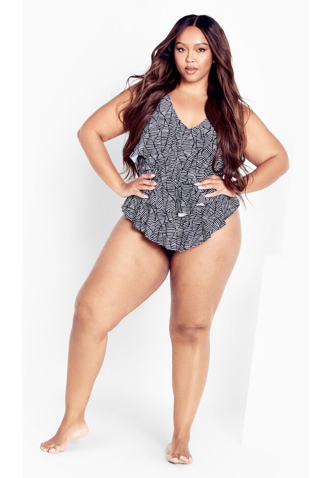 Pia V-Tiered 1-Piece Swimsuit, BLACK PRINT, on-hover image number null