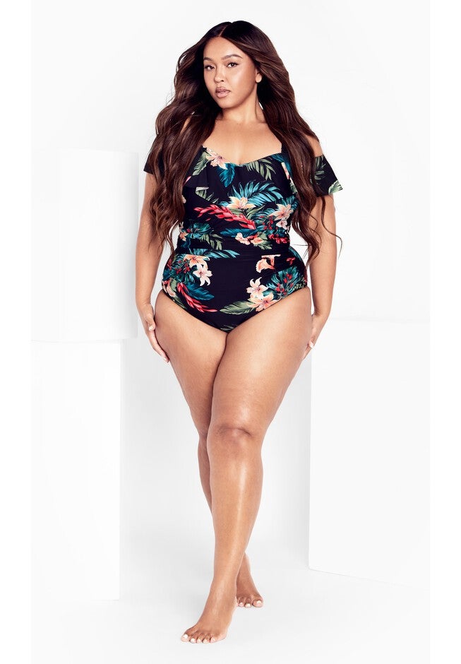 Ingrid Ruffle Print 1 Piece - black, BLACK, alternate image number null