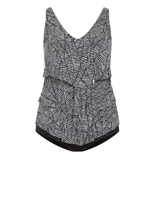 Pia V-Tiered 1-Piece Swimsuit, BLACK PRINT, alternate image number null