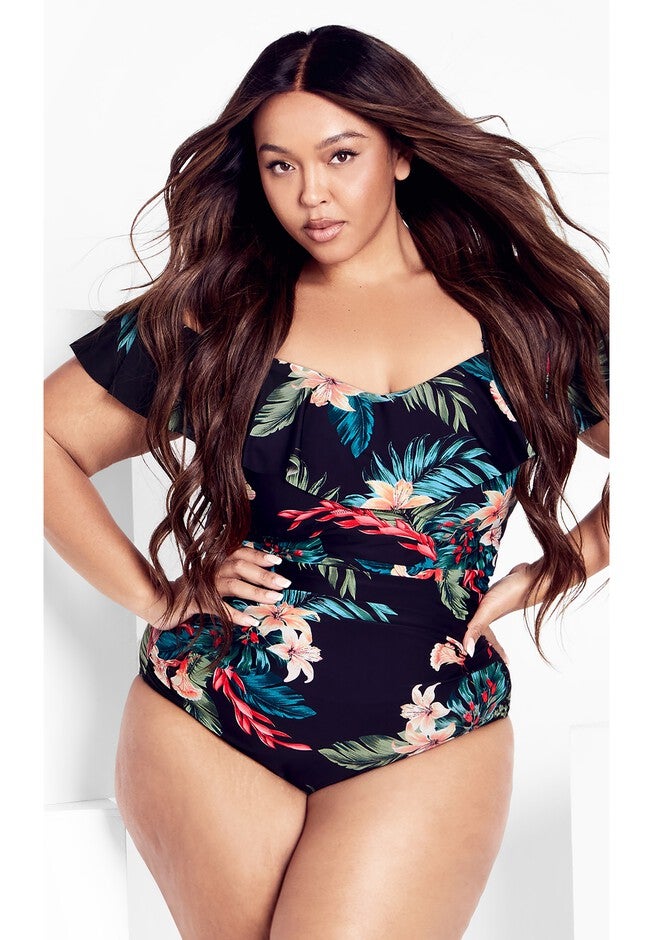 Ingrid Ruffle Print 1 Piece - black, BLACK, hi-res image number null