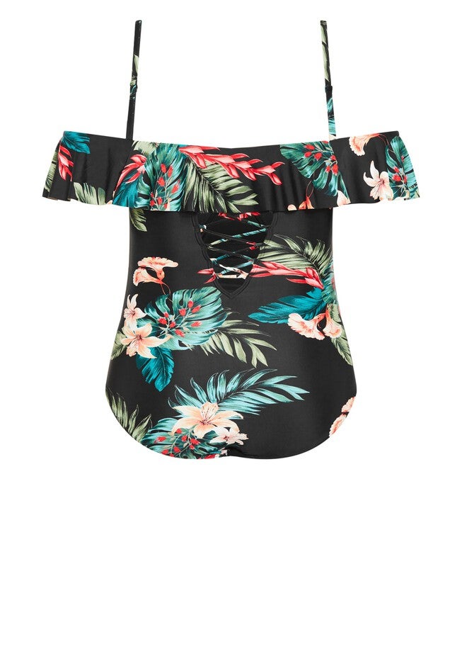 Ingrid Ruffle Print 1 Piece - black, BLACK, alternate image number null