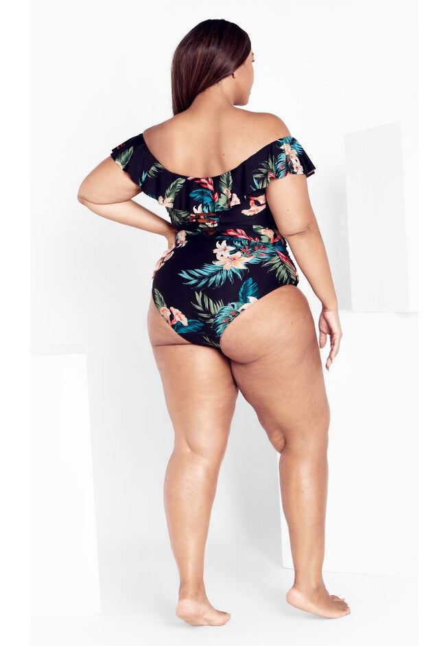 Ingrid Ruffle Print 1 Piece - black, BLACK, alternate image number null