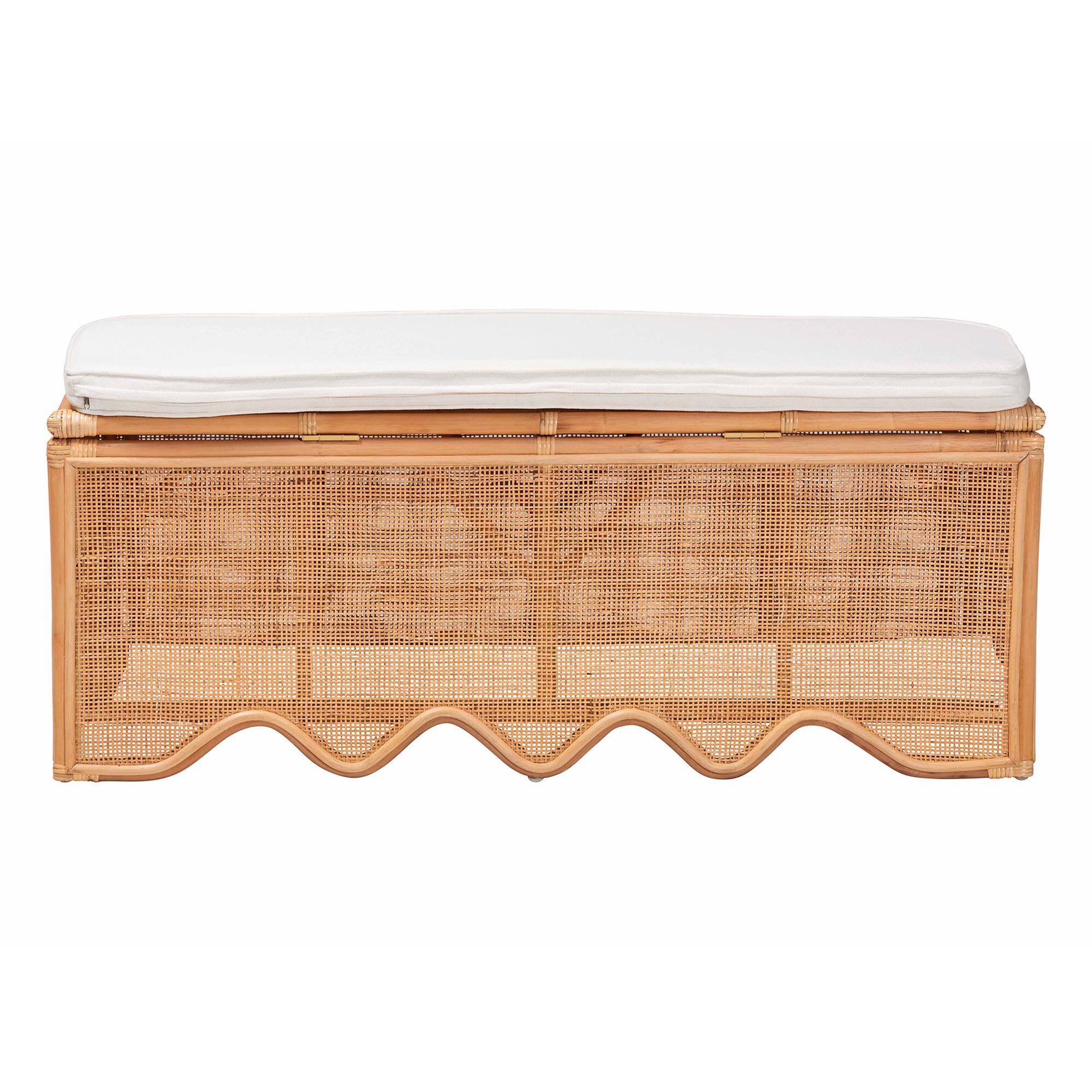Rivka Natural Rattan Storage Bench with Scalloped Base and Cushion, HONEY, alternate image number 5