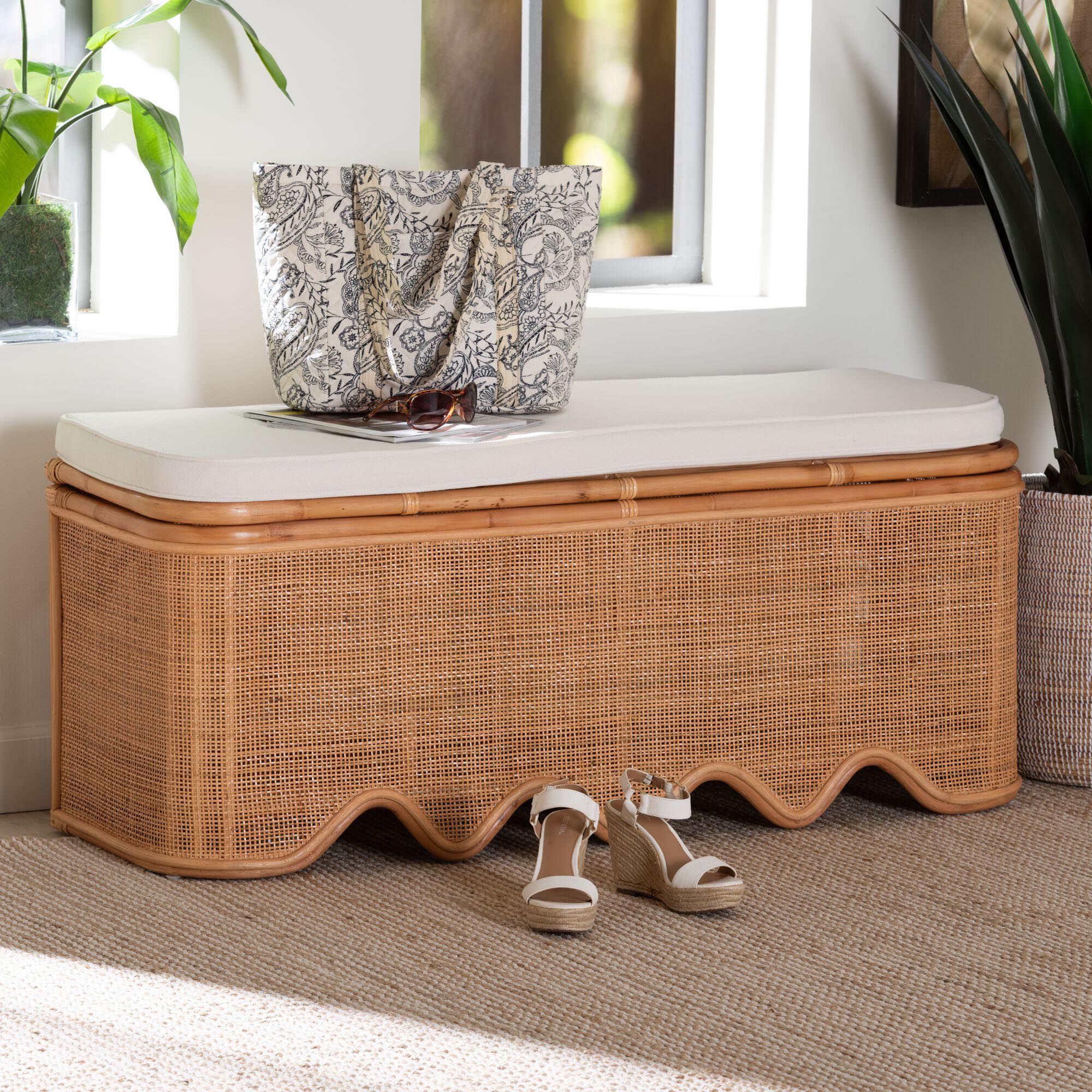 Rivka Natural Rattan Storage Bench with Scalloped Base and Cushion, HONEY, hi-res image number 0