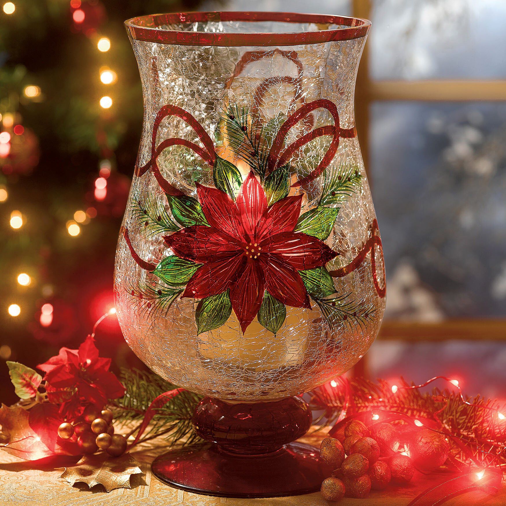 Holiday Hand-Painted Poinsettia Hurricane