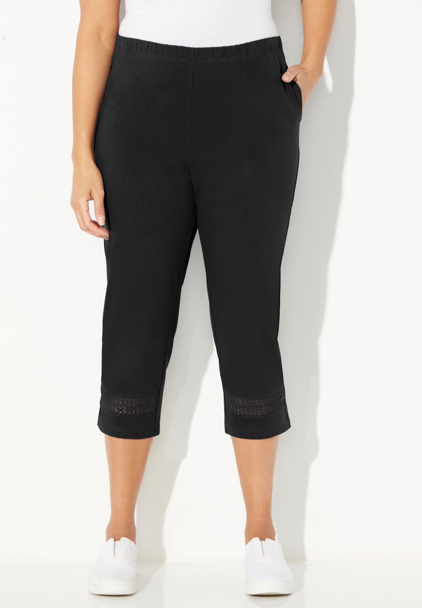 Suprema&reg; Crochet Trim Capri, BLACK, hi-res image number 0