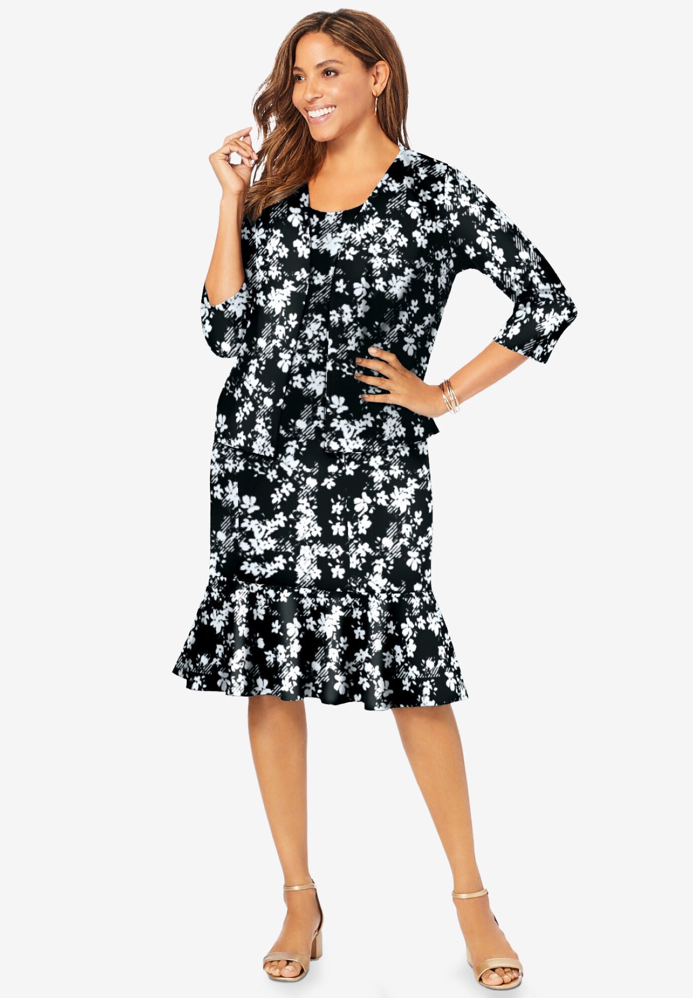 2-Piece Flounce Hem Ponte Jacket Dress, BLACK DITSY FLORAL, hi-res image number 0