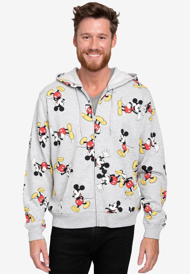 Men's Disney Mickey Mouse Zip Hoodie All-Over Print Sweatshirt Gray, GRAY, alternate image number 2
