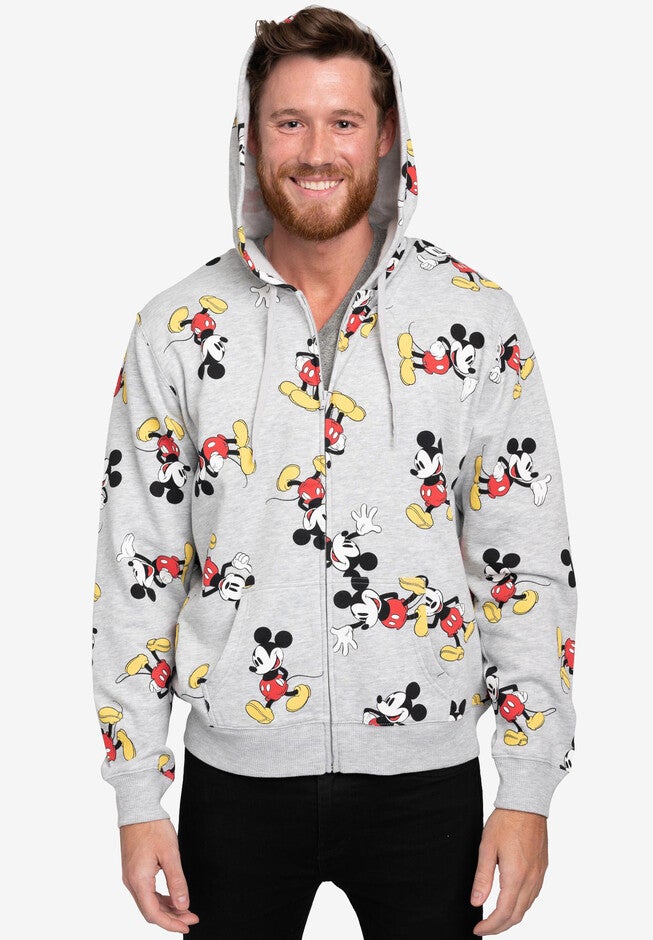 Men's Disney Mickey Mouse Zip Hoodie All-Over Print Sweatshirt Gray, GRAY, hi-res image number 0
