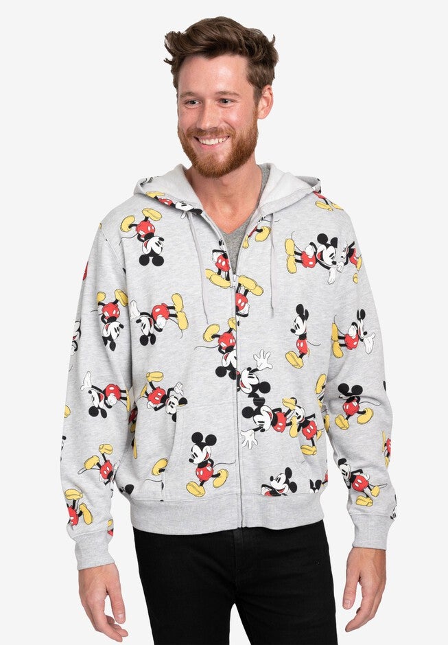 Men's Disney Mickey Mouse Zip Hoodie All-Over Print Sweatshirt Gray, GRAY, alternate image number 3