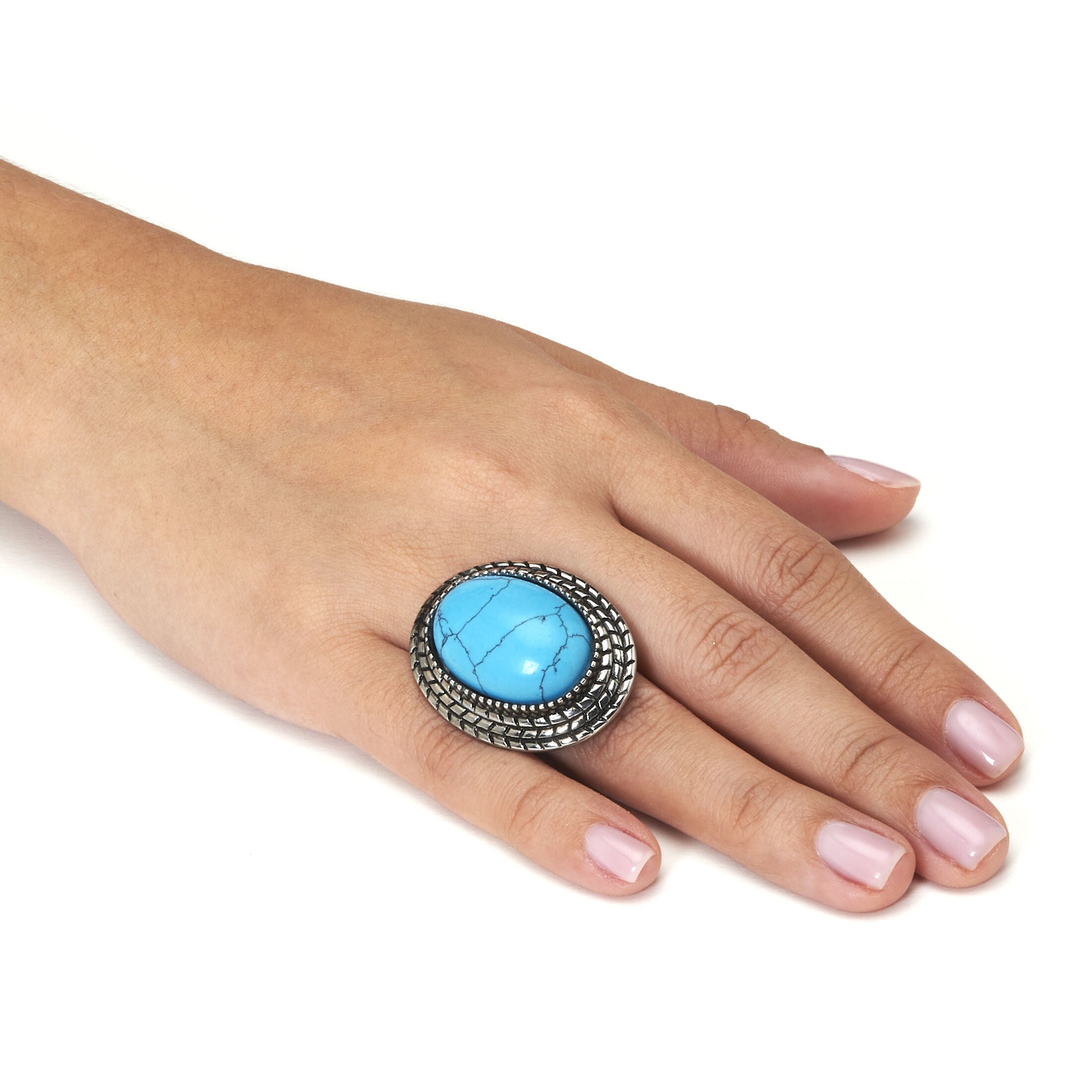 Stainless Steel Turquoise Boho Cocktail Ring, BLUE, alternate image number 2