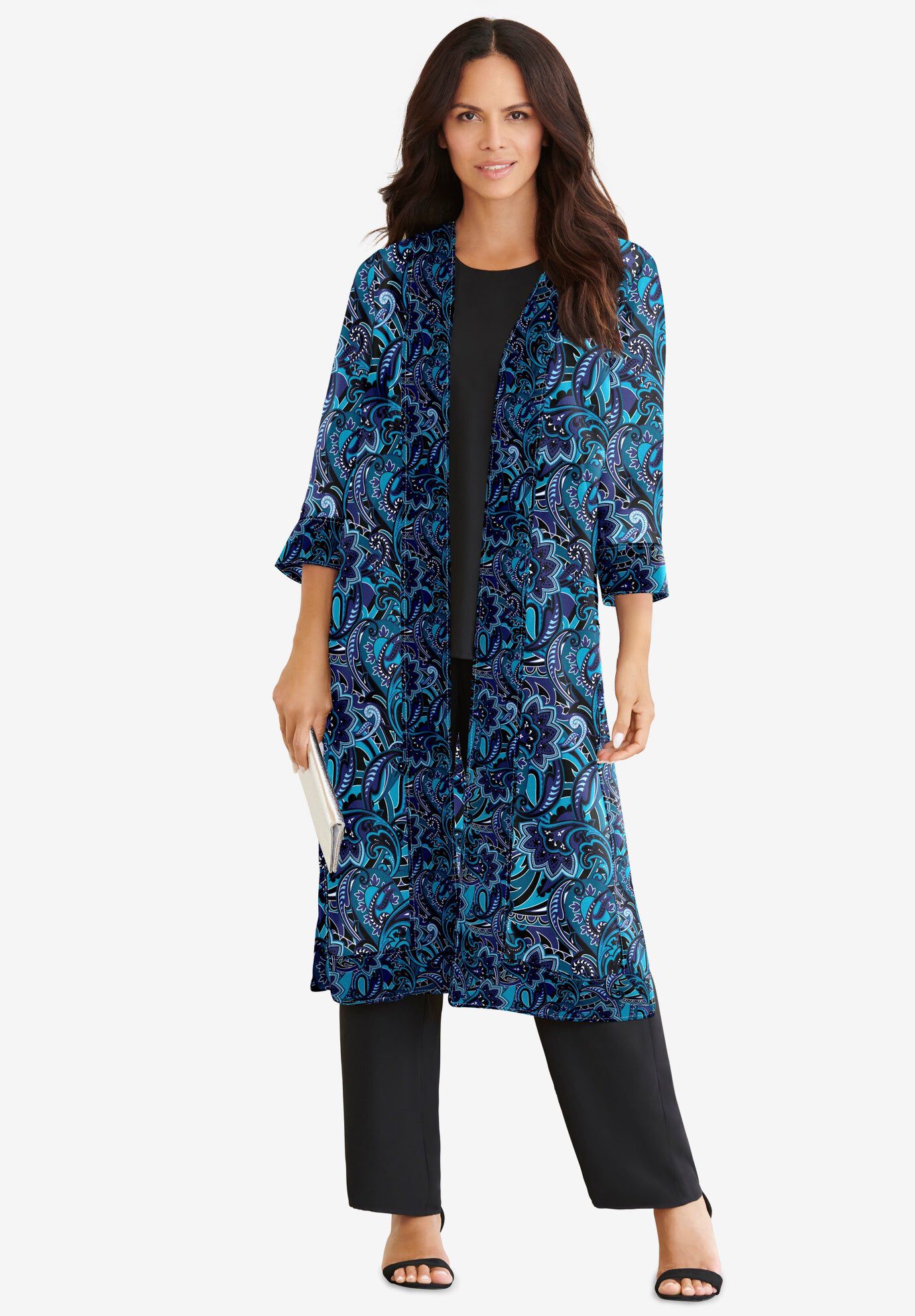 Plus-Size 3/4 Sleeve 3 Piece ITY Printed Duster Pant Set