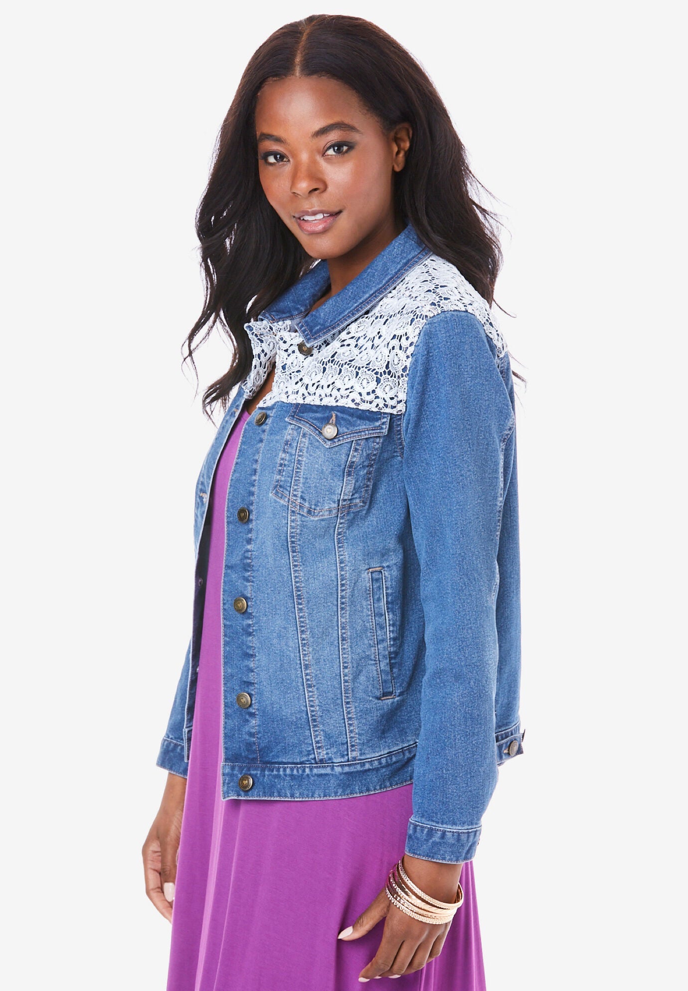 Lace Yoke Denim Jacket, , alternate image number 2