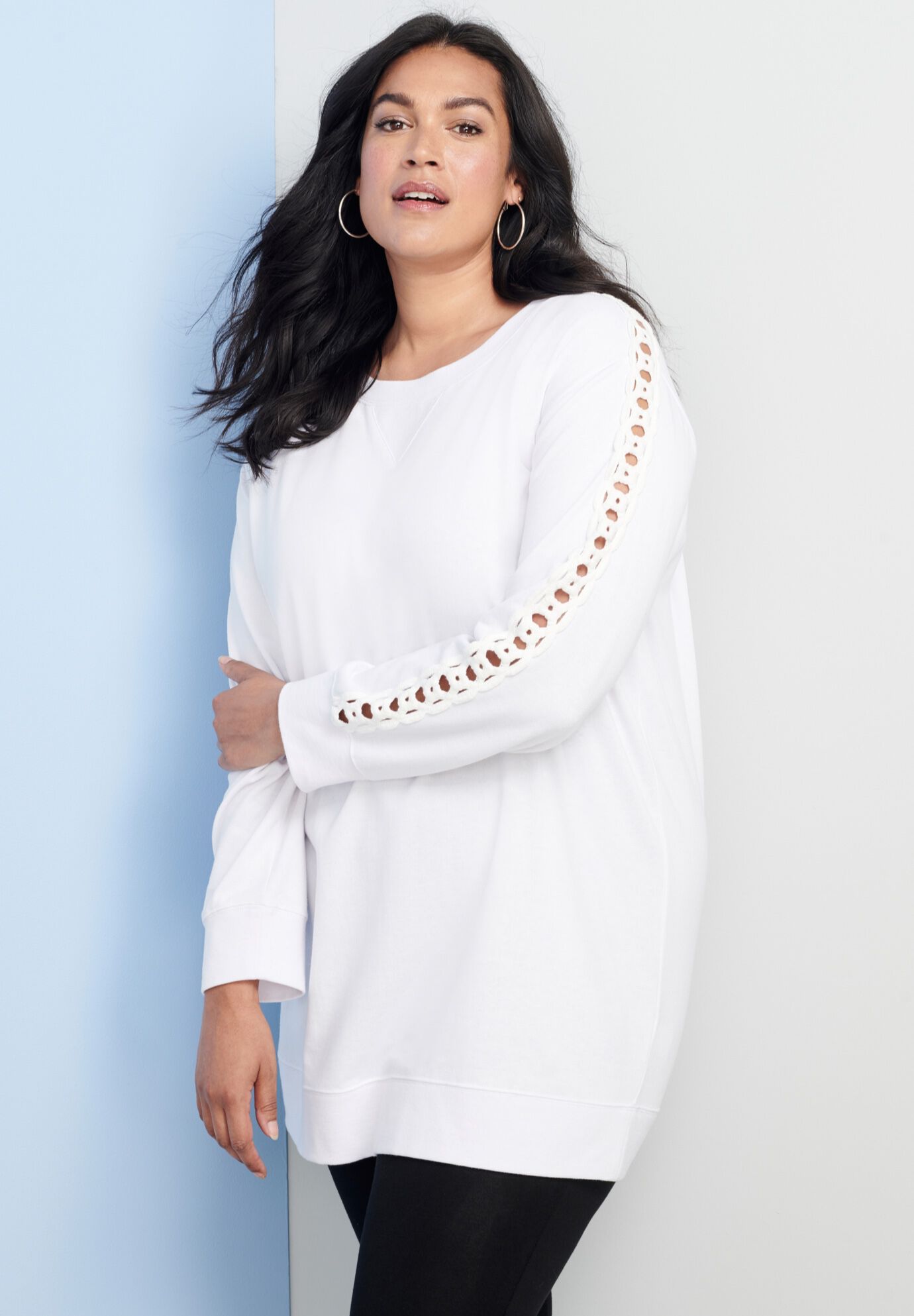 Crochet Sleeve Sweatshirt Tunic, , alternate image number 3