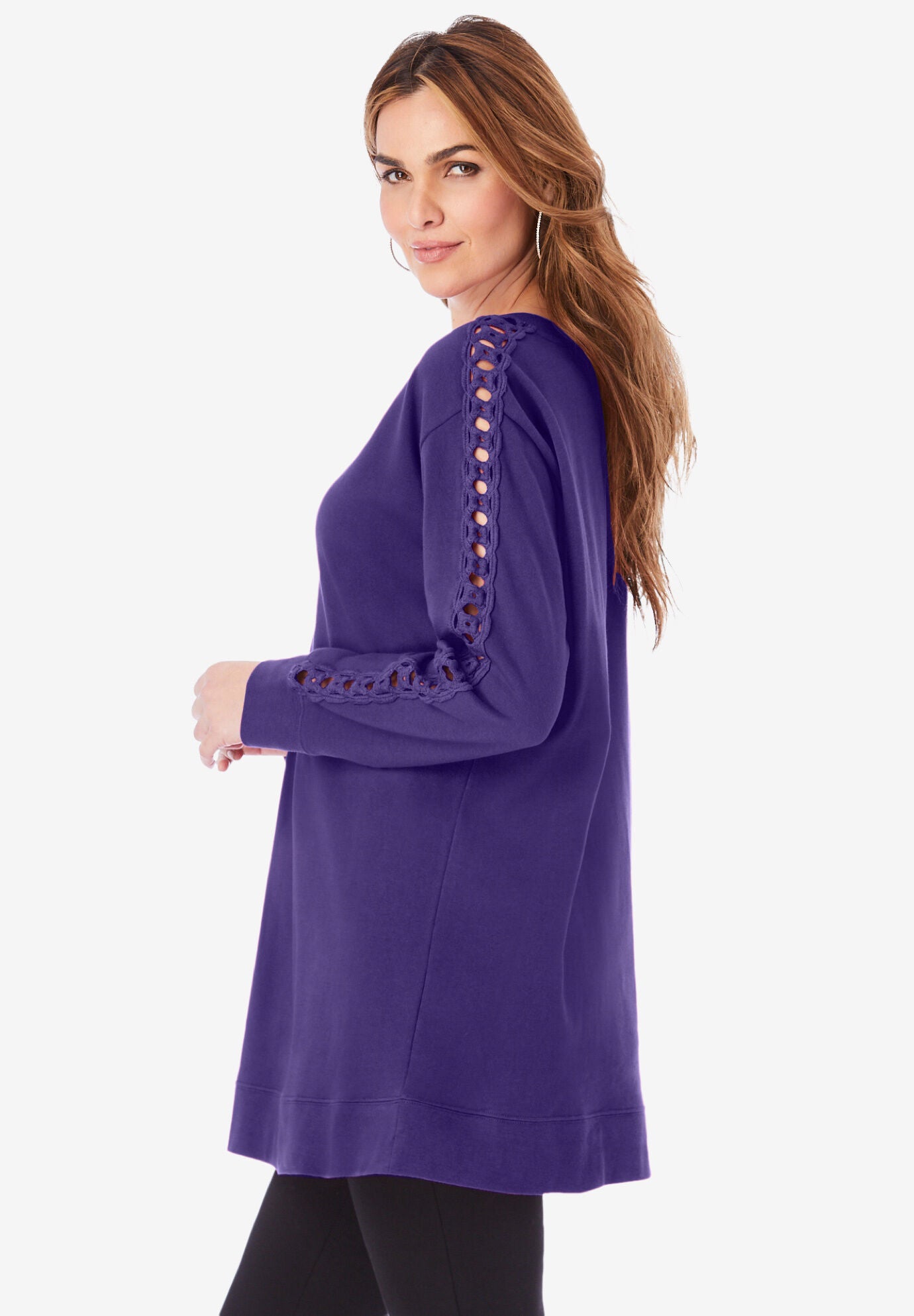 Crochet Sleeve Sweatshirt Tunic, , alternate image number 2