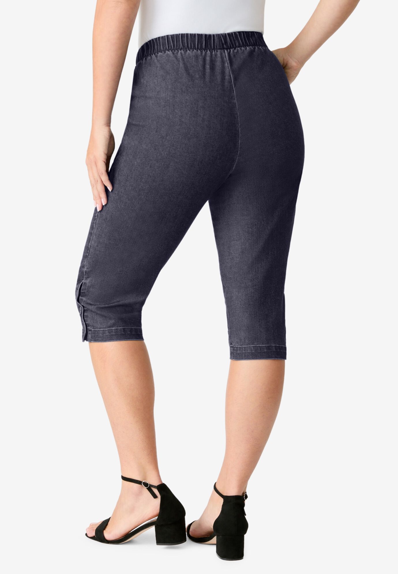Plus Size Comfort Stretch Button Detail Capri Jean, INDIGO WASH, alternate image number 2