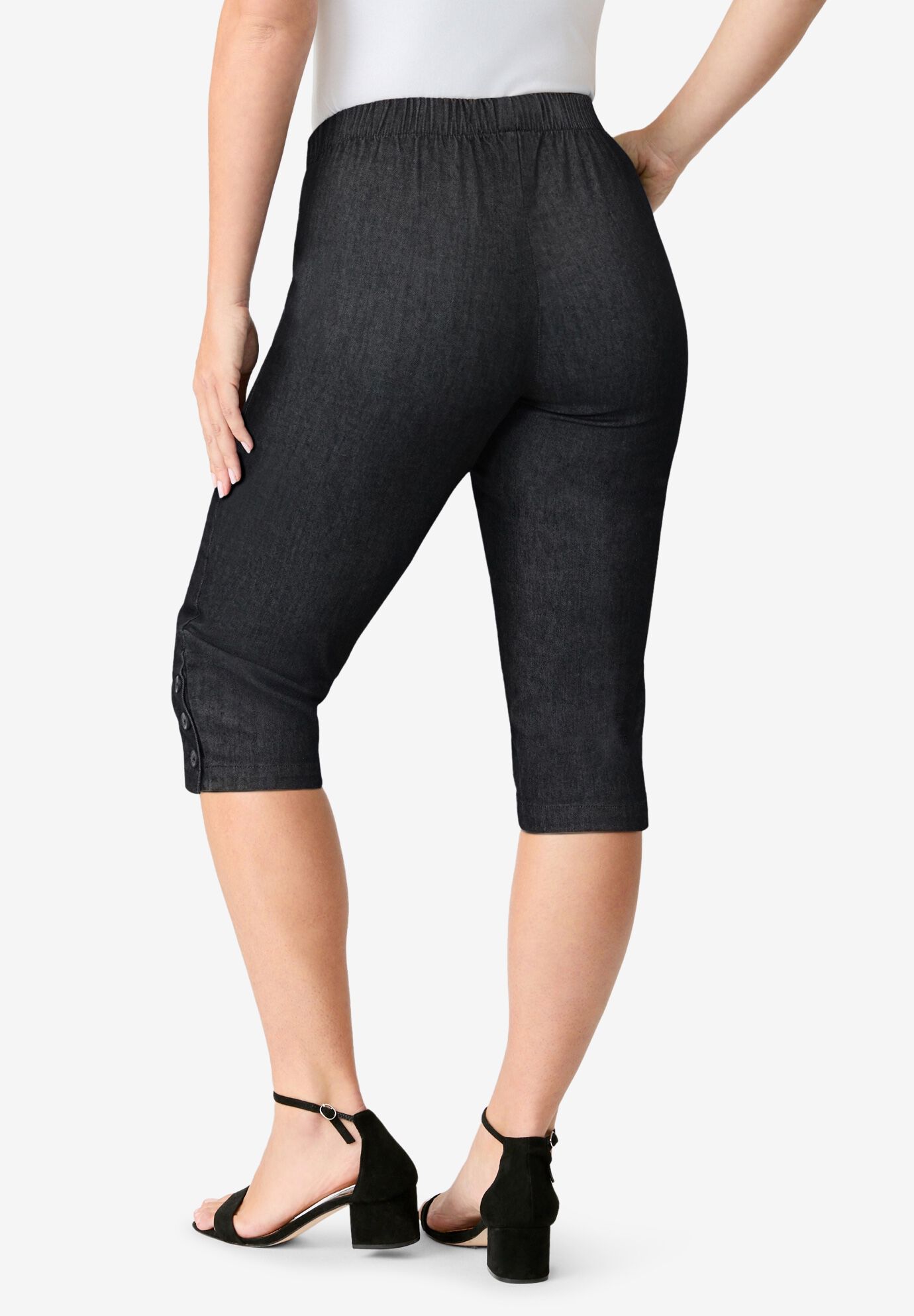 Plus Size Comfort Stretch Button Detail Capri Jean, BLACK DENIM, alternate image number 2
