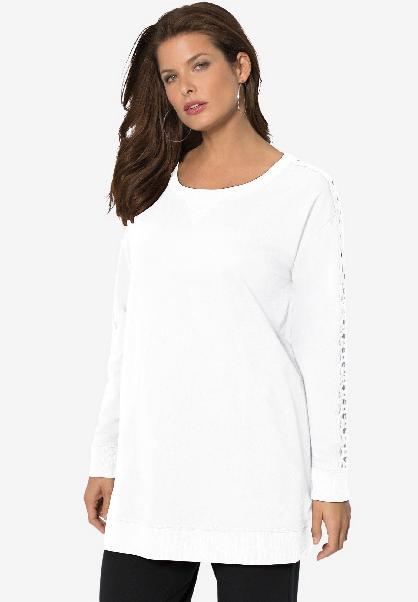 Crochet Sleeve Sweatshirt Tunic, WHITE, hi-res image number 0