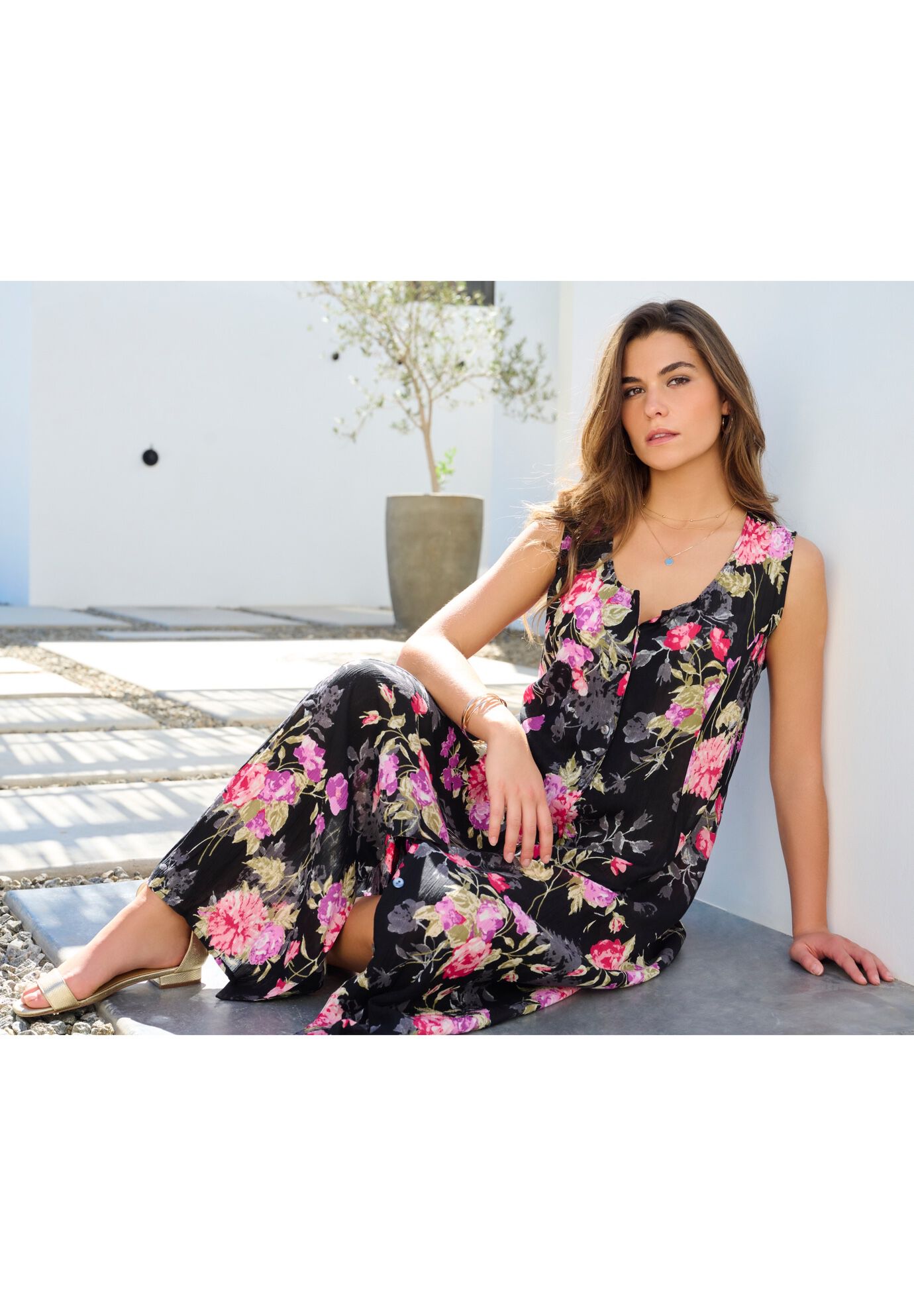 Plus Size Sleveless Hand-Crinkled Button-Front A-Line Maxi &ndash; Curvy Breezy Dress, , alternate image number 3