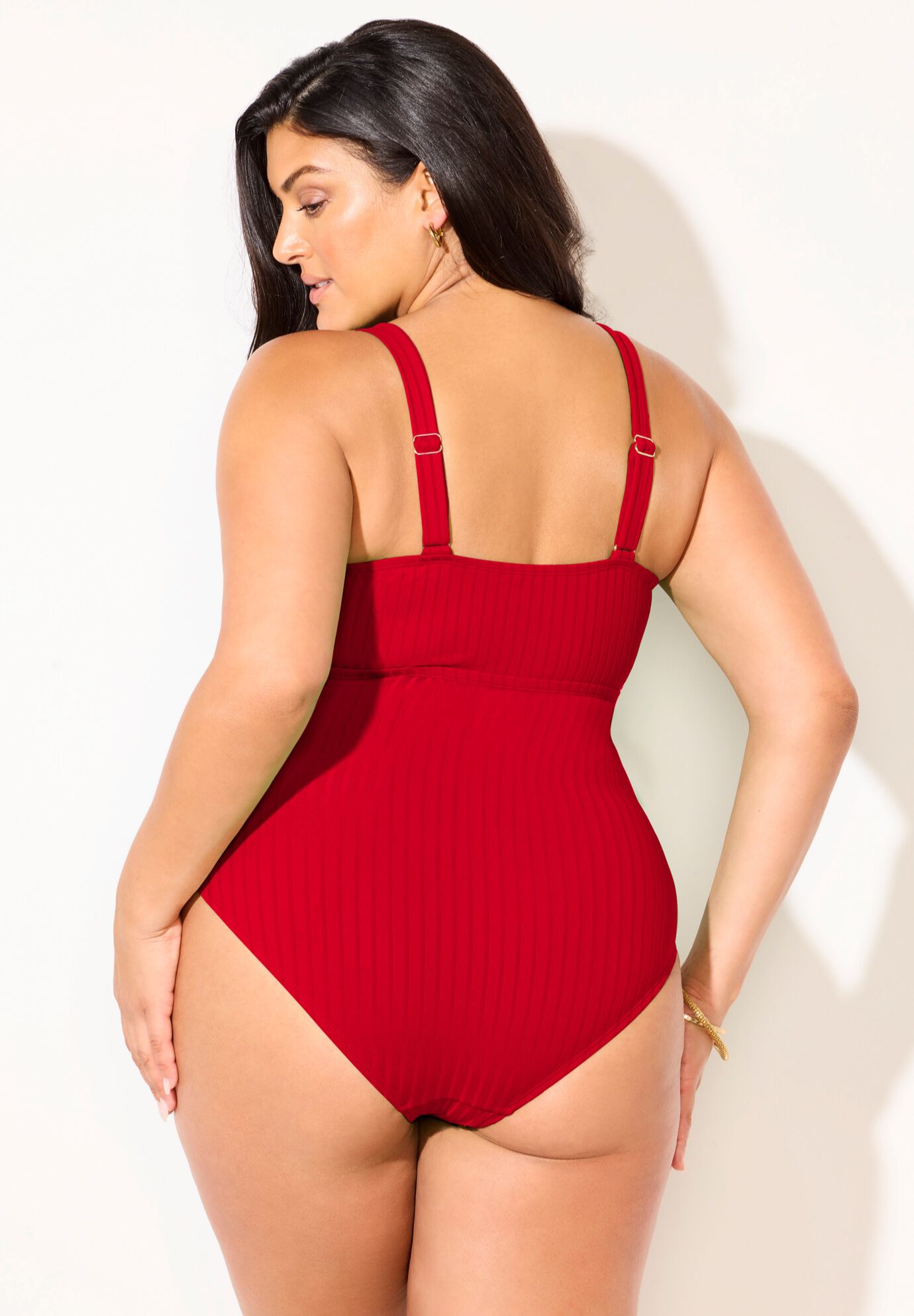 Ribbed V-Wire One Piece Swimsuit, RUBY, on-hover image number 1