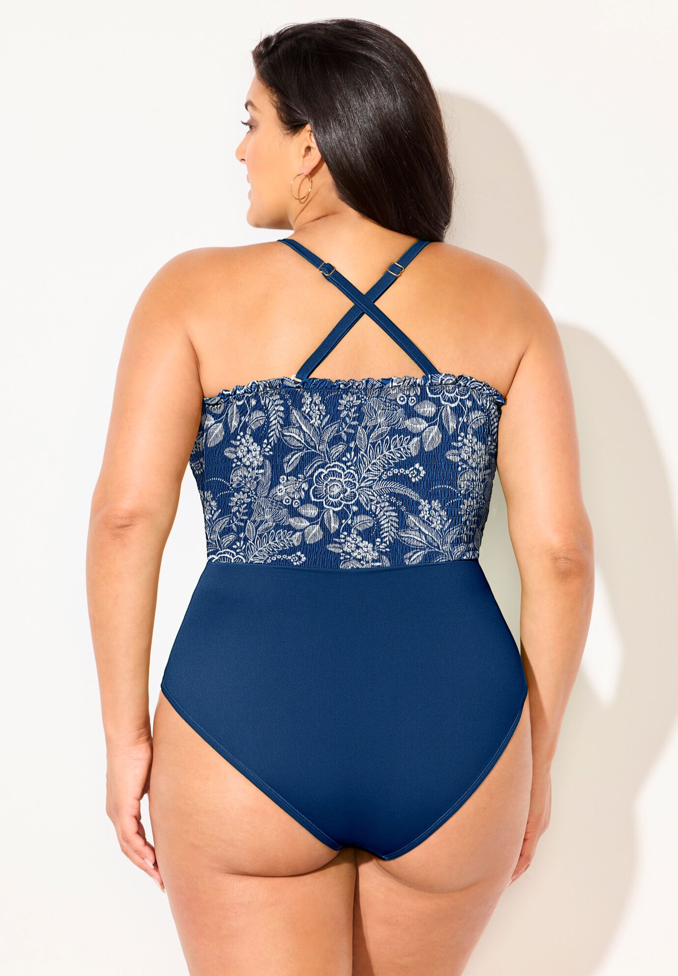 Smocked Ring Strap One Piece Swimsuit, DENIM FLORAL, alternate image number 2