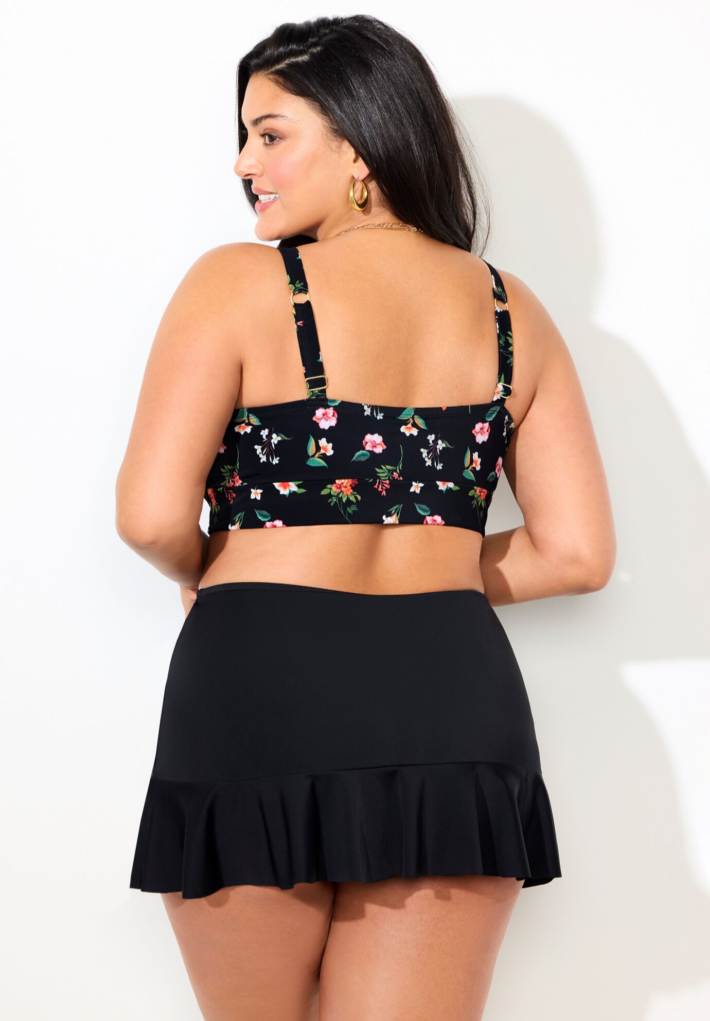 Bra Sized Tie Front Longline Underwire Bikini Set With Ruffle Skirt, , on-hover image number null