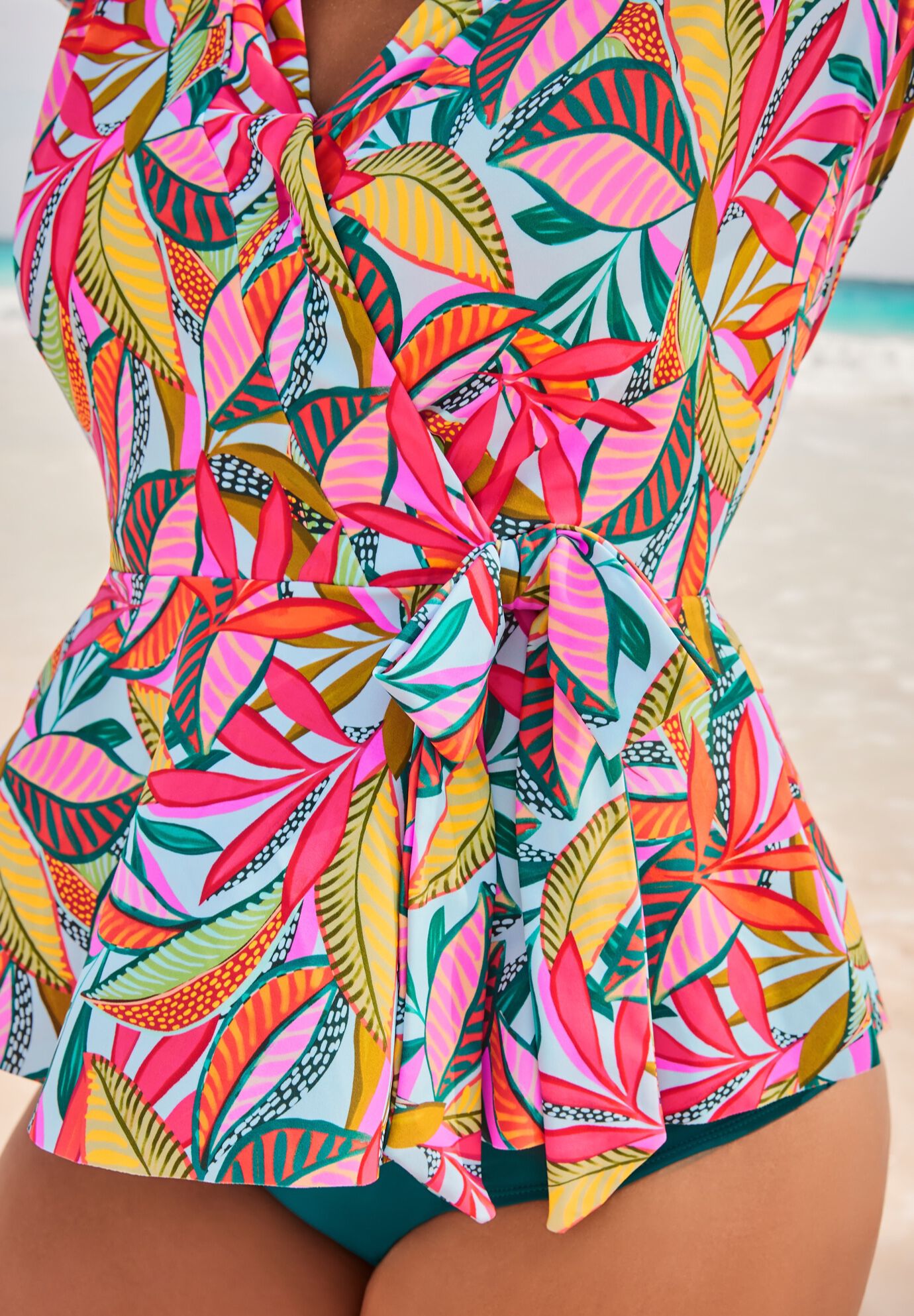 Short Sleeve Faux Wrap Tankini Top, MULTI PALM LEAVES, alternate image number null