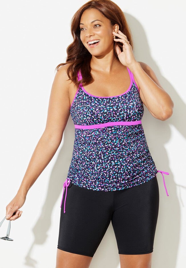 Longer Length Chlorine Resistant Adjustable Tankini Set with Long Bike Short, , hi-res image number 0