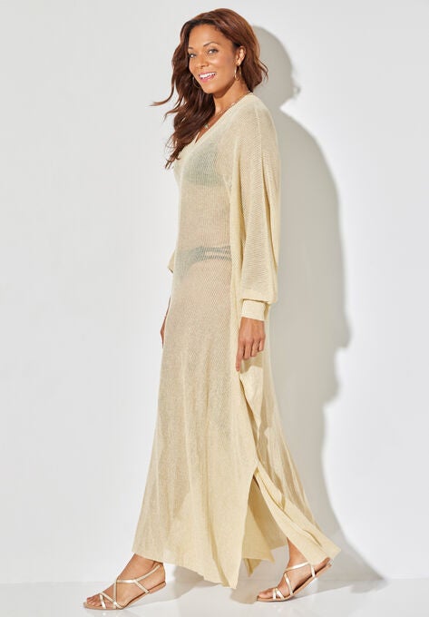 Long V-Neck Shimmer Caftan Tunic Cover Up, , alternate image number null