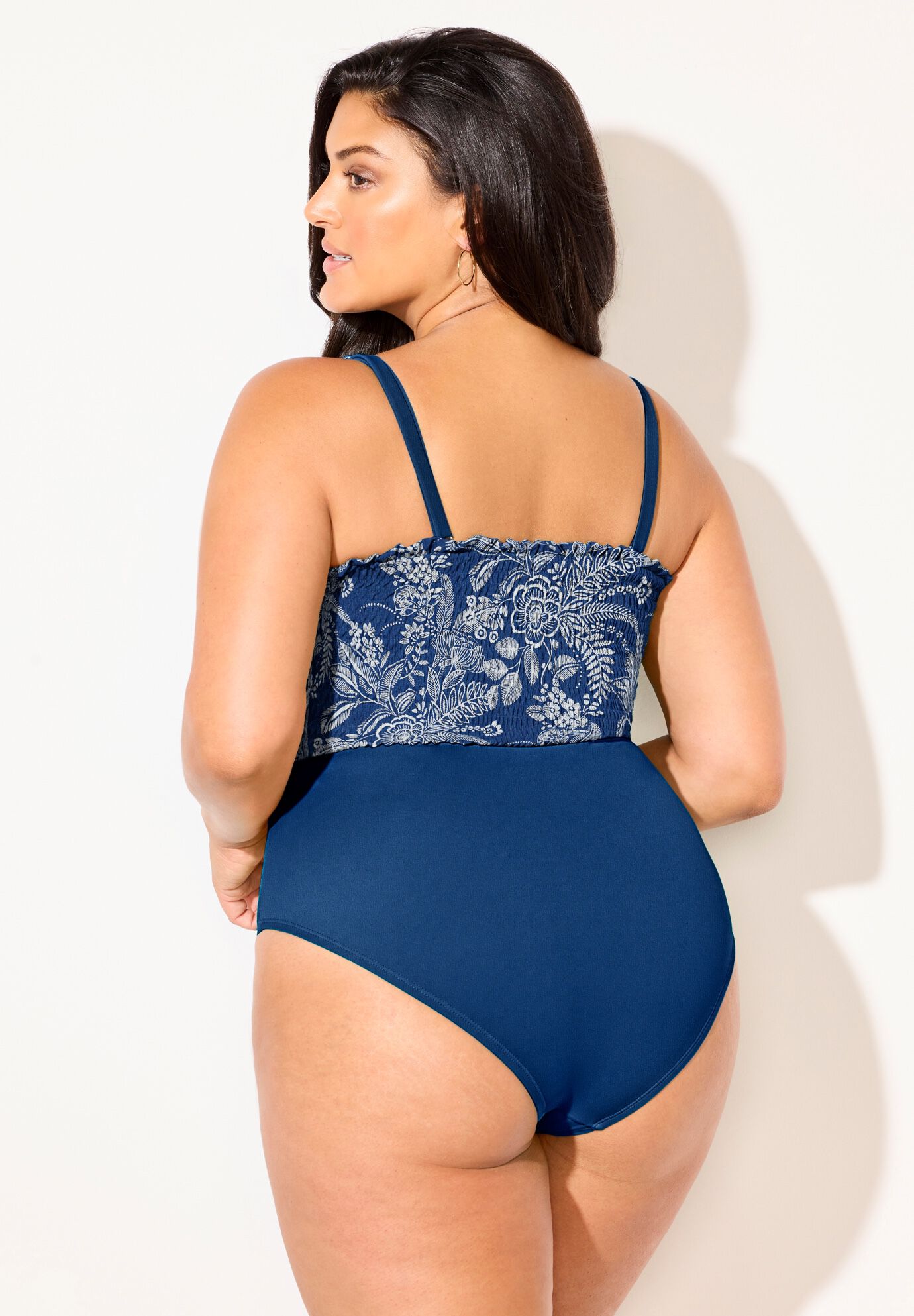 Smocked Ring Strap One Piece Swimsuit, DENIM FLORAL, on-hover image number 1