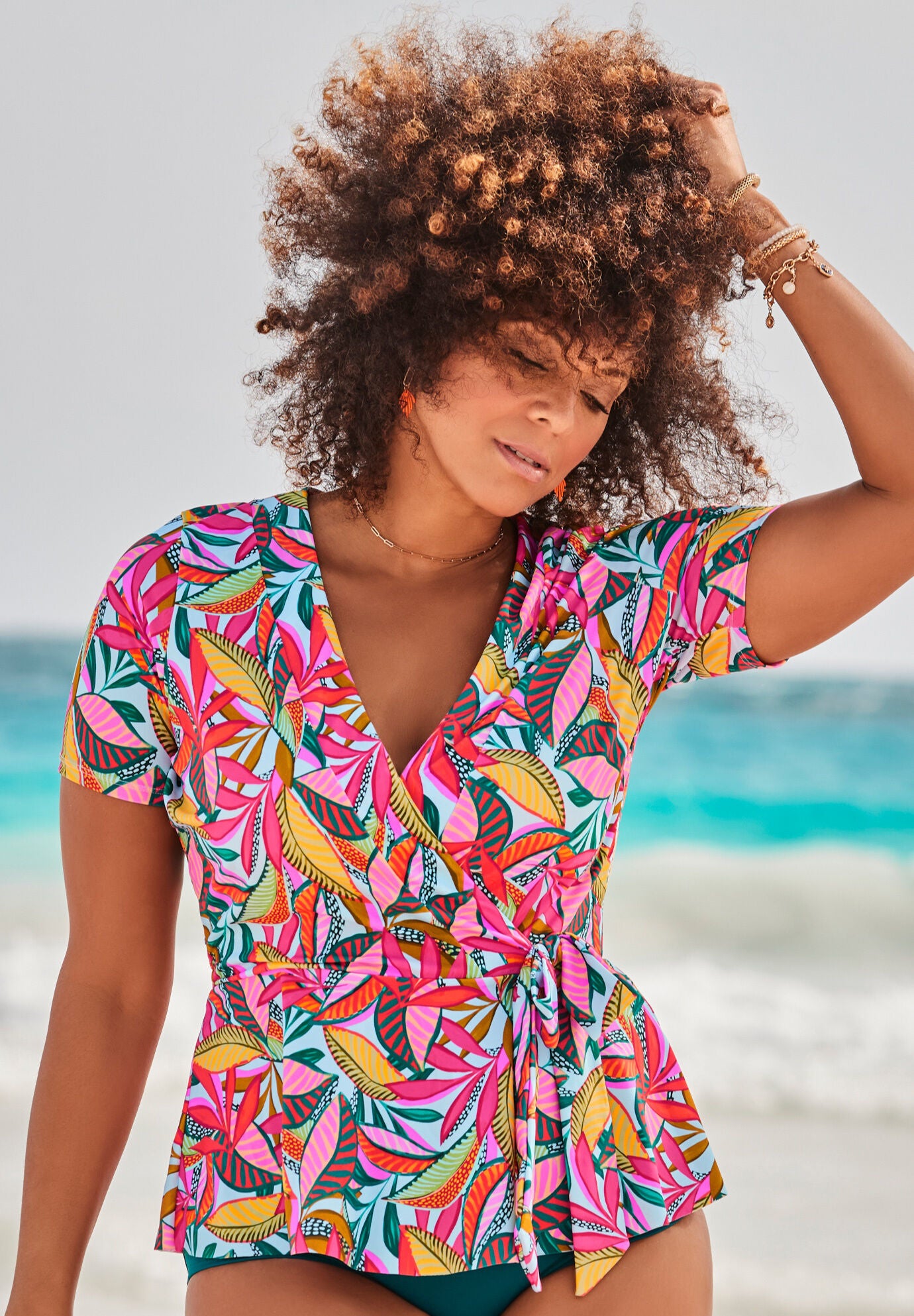 Short Sleeve Faux Wrap Tankini Top, MULTI PALM LEAVES, hi-res image number null