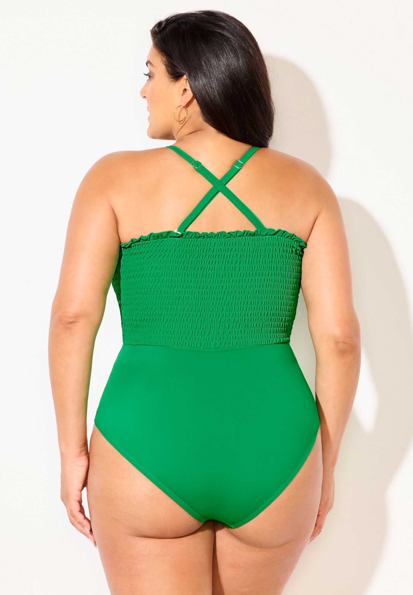 Smocked Ring Strap One Piece Swimsuit, RETRO GREEN, alternate image number 3