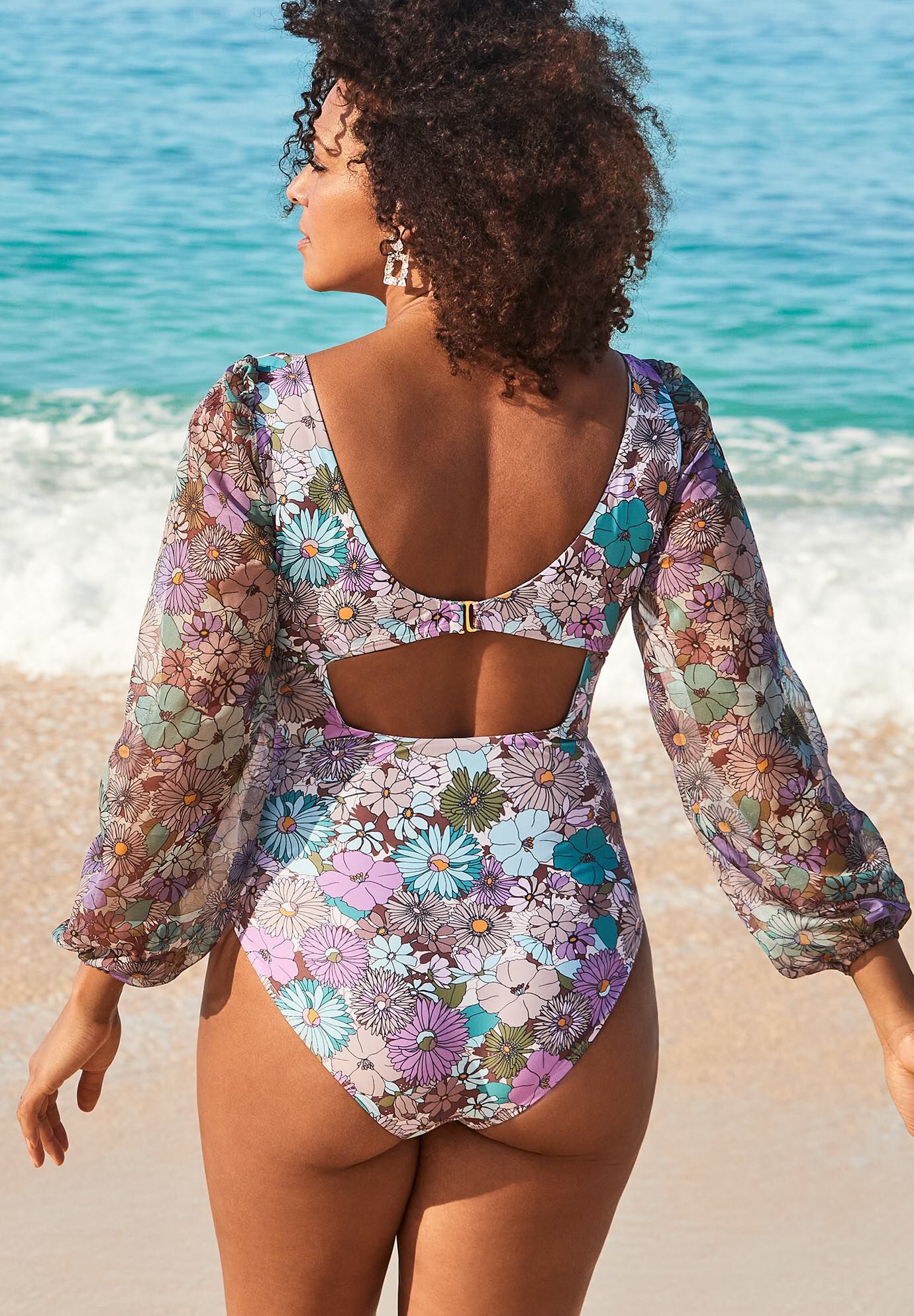 Cup Sized Chiffon Sleeve One Piece Swimsuit, GARDEN DREAM, on-hover image number 1