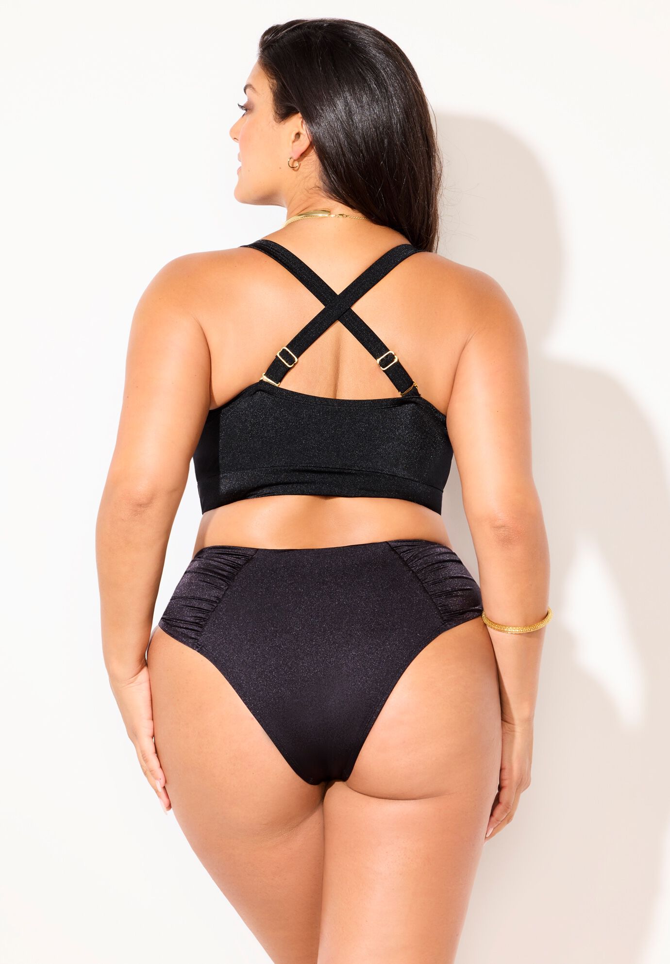 Shimmer Contrast Trim Tankini Set With Ruched Swim Brief, , alternate image number null