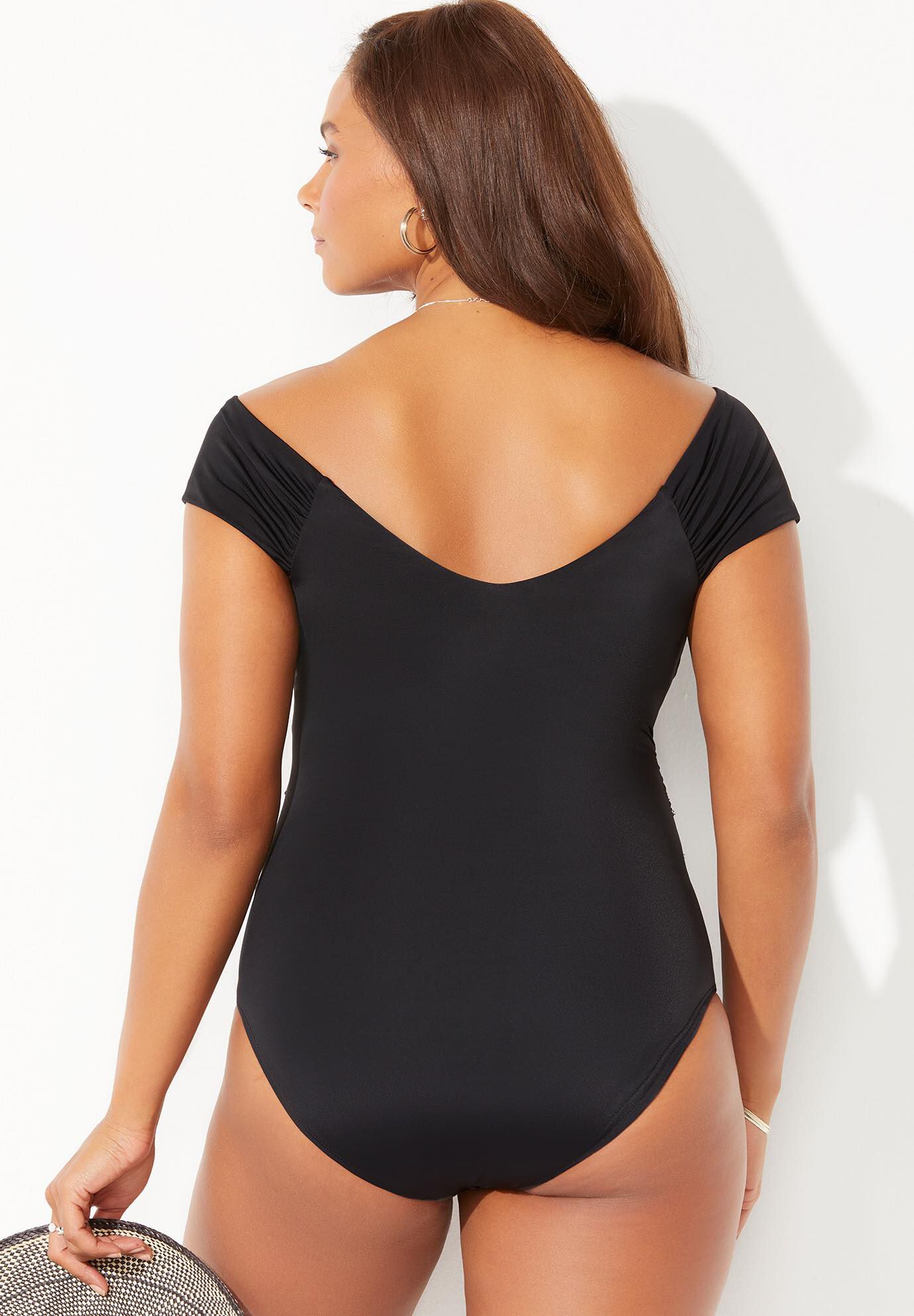 Cap Sleeve Cut Out One Piece Swimsuit, BLACK, on-hover image number 1
