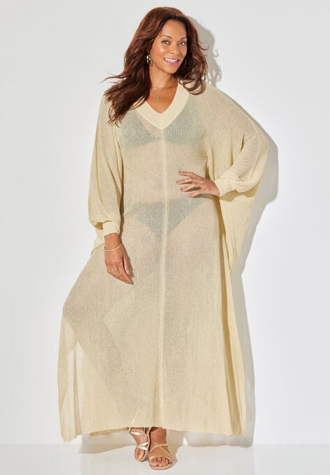Long V-Neck Shimmer Caftan Tunic Cover Up, , alternate image number null
