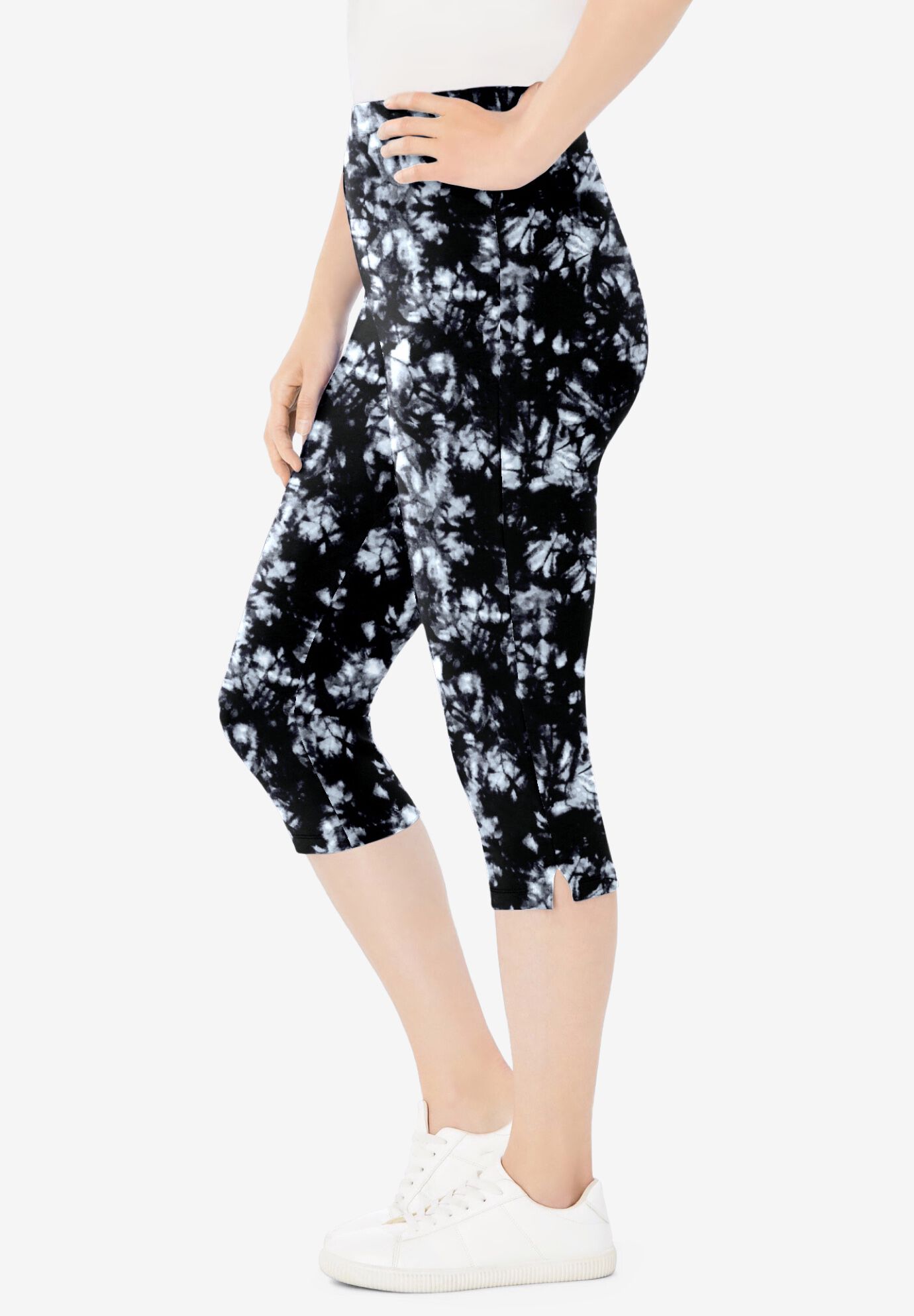Stretch-Cotton Knit Pull-On Printed Capri Leggings, BLACK WHITE TIE DYE, alternate image number 2