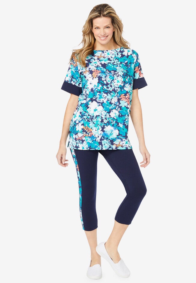Tunic and Side-Stripe Capri Legging Set, NAVY FLORAL, hi-res image number null