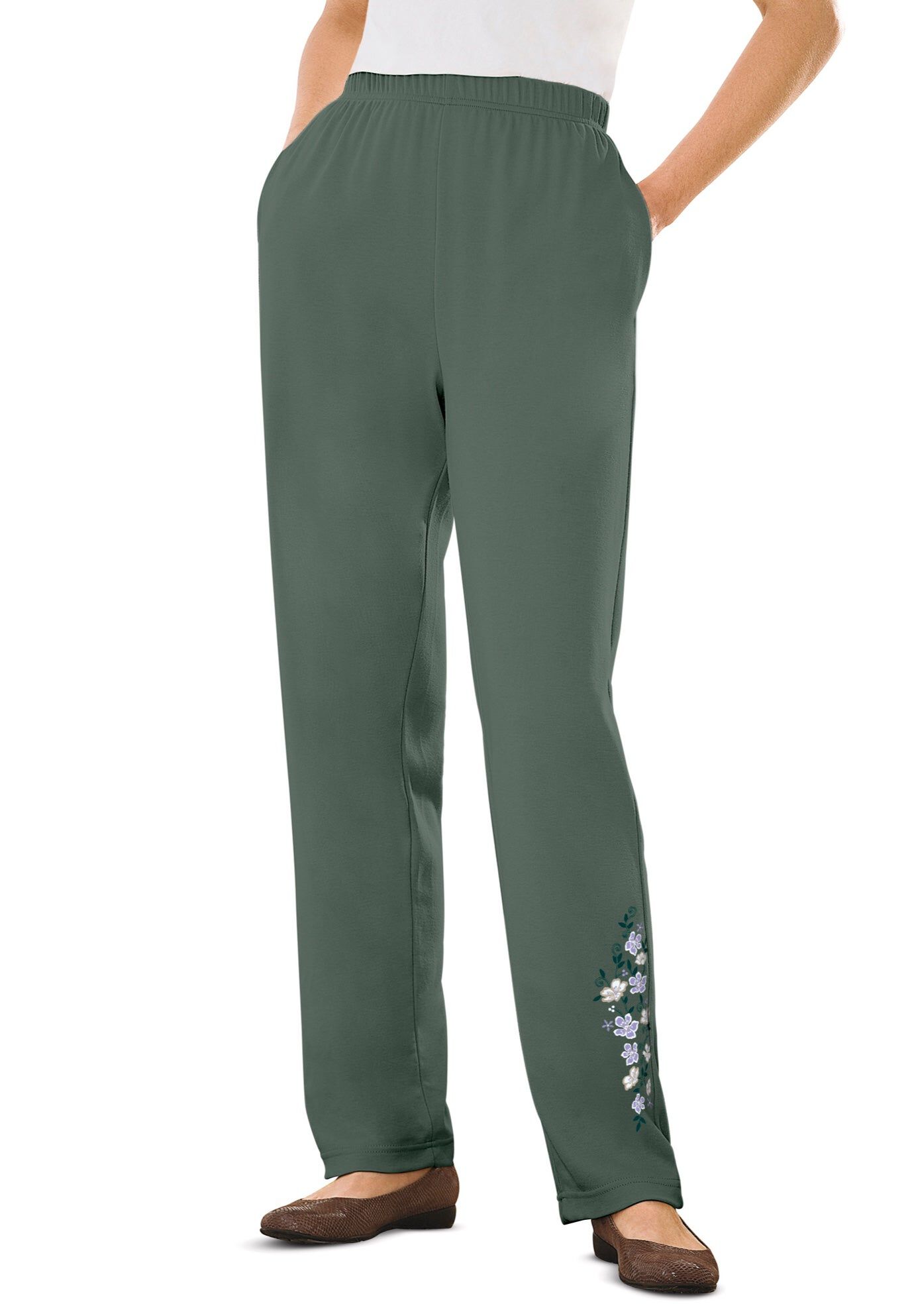 7-Day Knit Embroidered Straight-Leg Pull-On Pants
