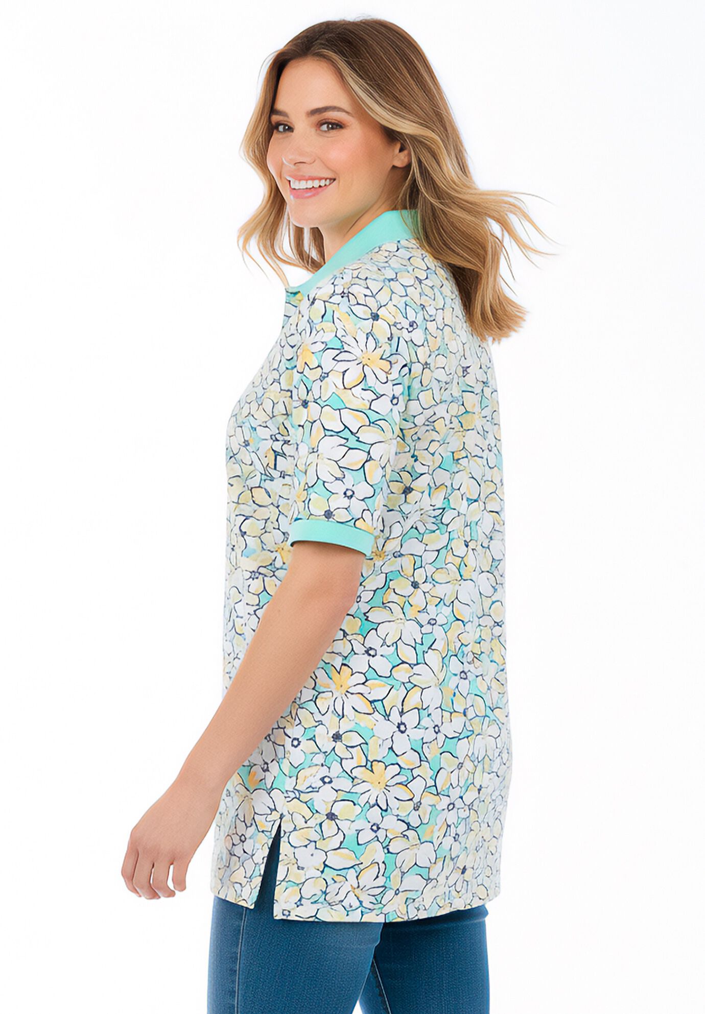 Elbow-Sleeve Polo Tunic, SEAFOAM PETAL BLOOM, alternate image number 2