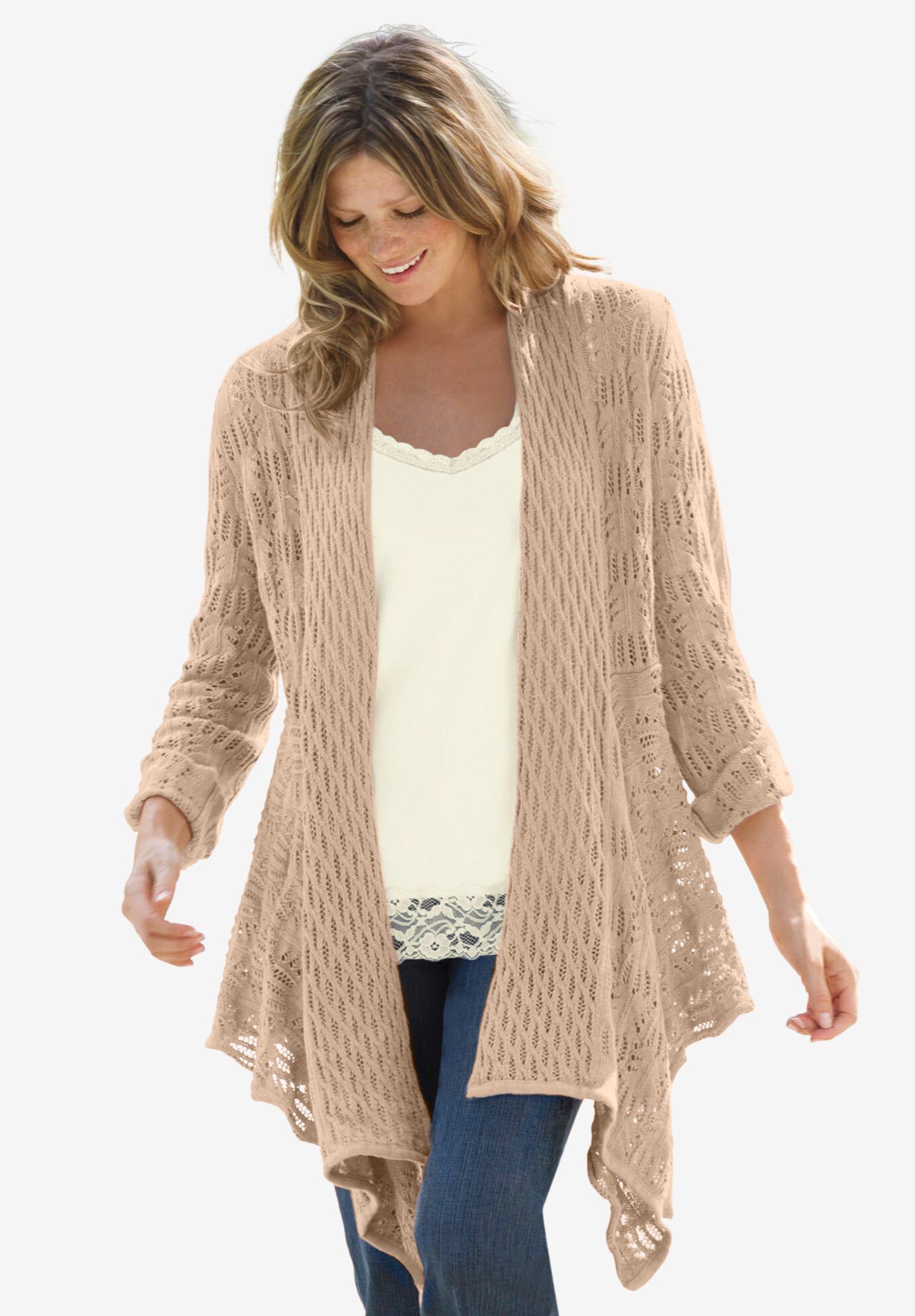 Open Front Pointelle Cardigan Sweater