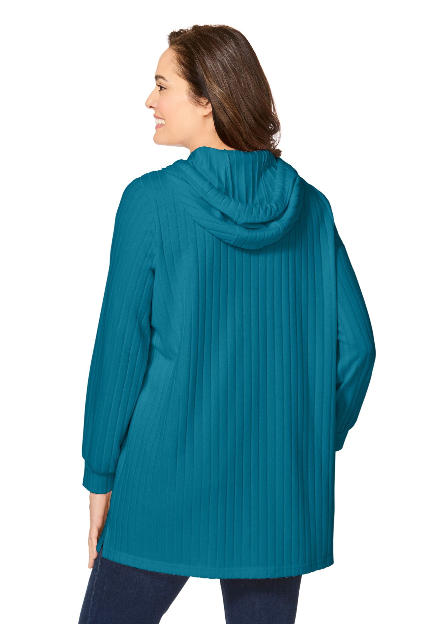 Rib-Knit Sherpa Hoodie Sweatshirt, DEEP TEAL, on-hover image number 1