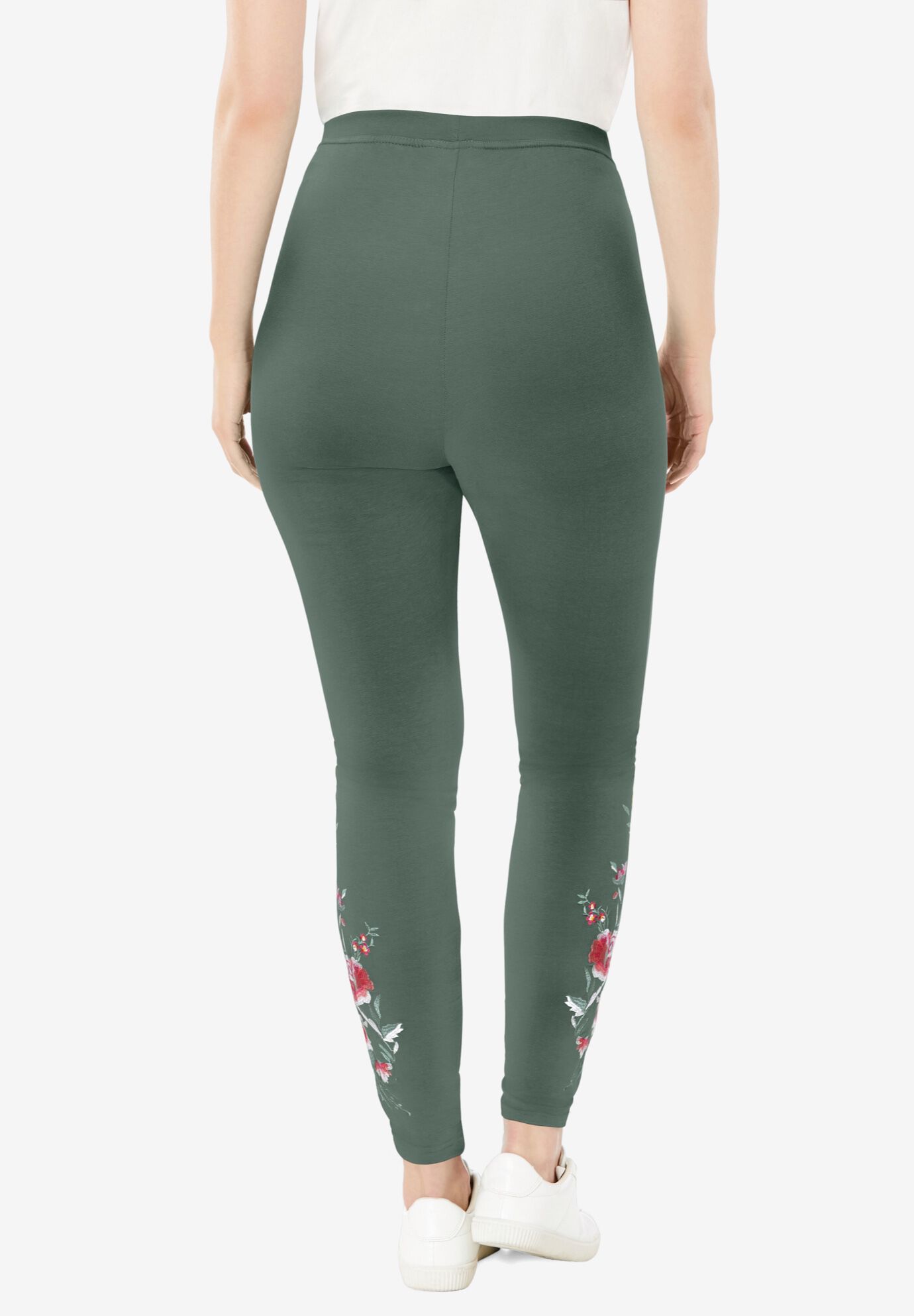 Stretch-Cotton Knit Pull-On Embroidered Leggings, PINE FLORAL EMBROIDERY, on-hover image number 1