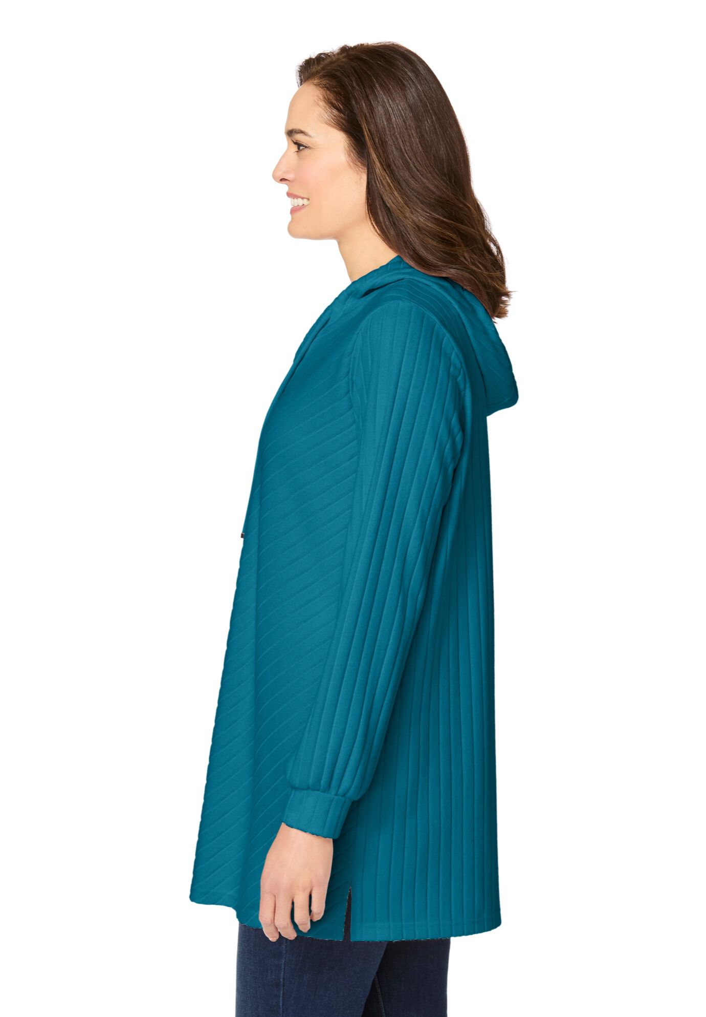 Rib-Knit Sherpa Hoodie Sweatshirt, DEEP TEAL, alternate image number 2