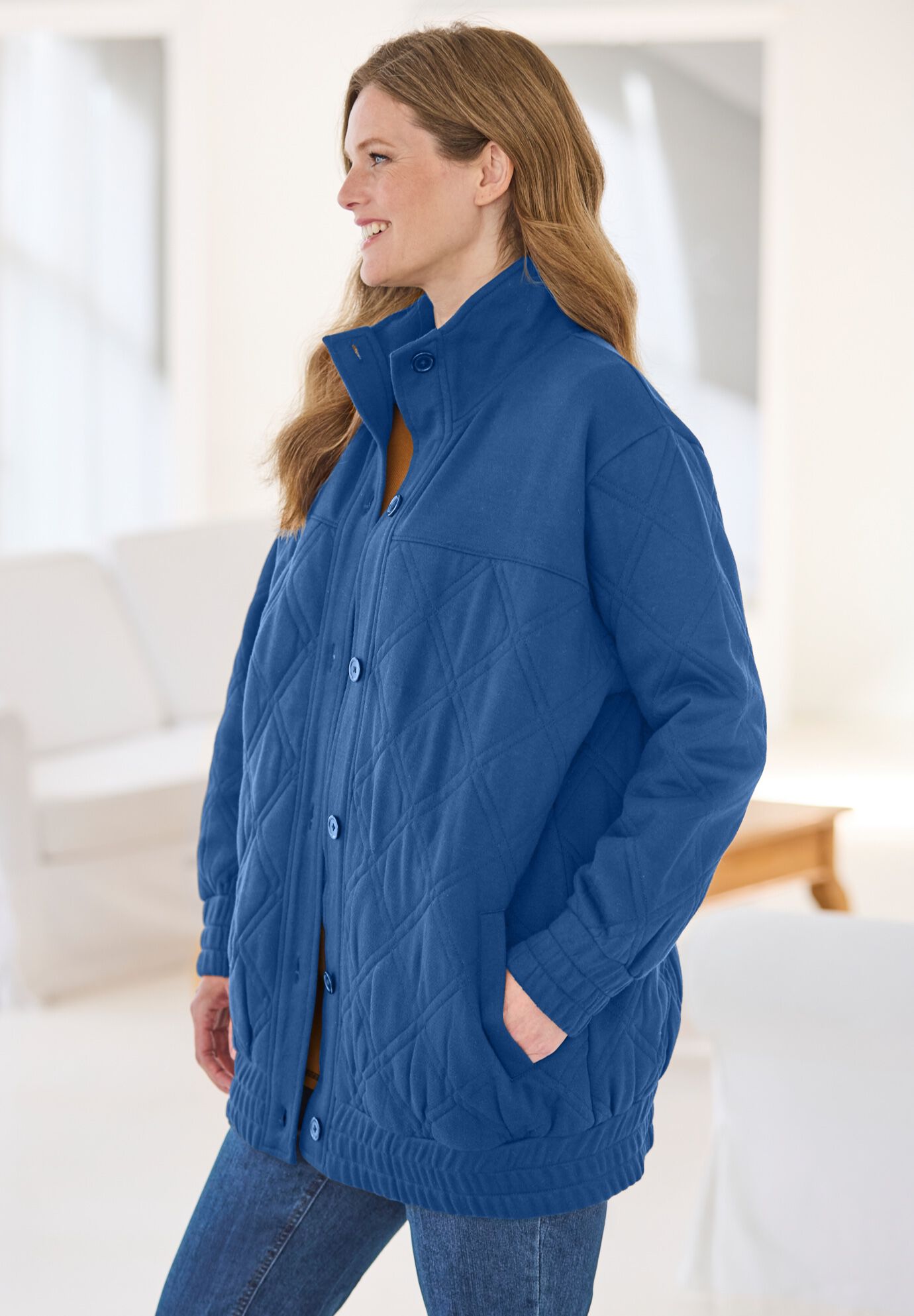 Quilted Easy Fleece Jacket, ROYAL NAVY, alternate image number 2