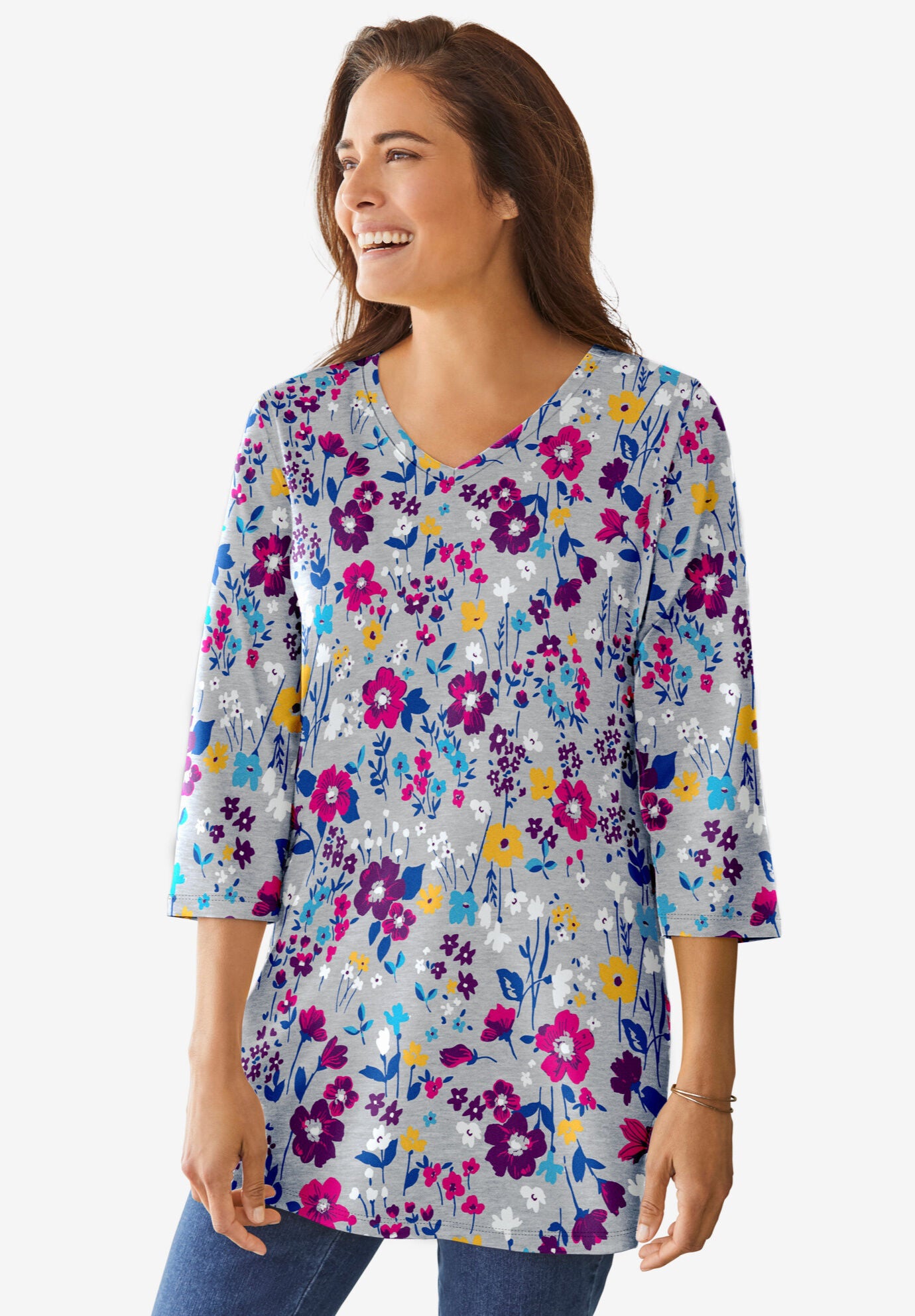 Perfect Printed Three-Quarter-Sleeve V-Neck Tunic, , alternate image number 4
