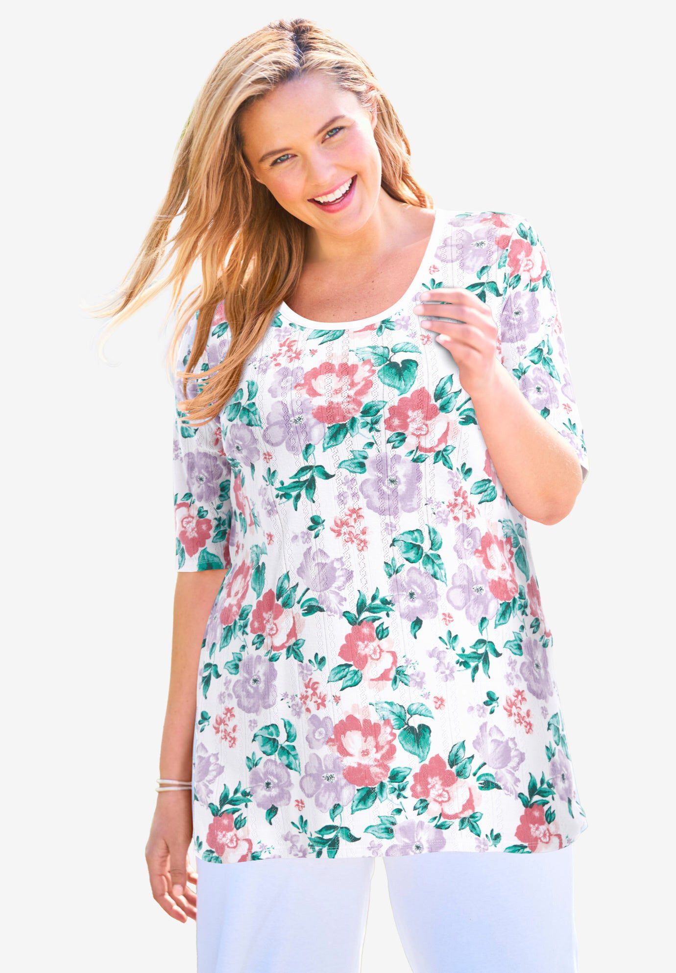 Pointelle Scoopneck Tee, WHITE PAINTED FLORAL, hi-res image number 0