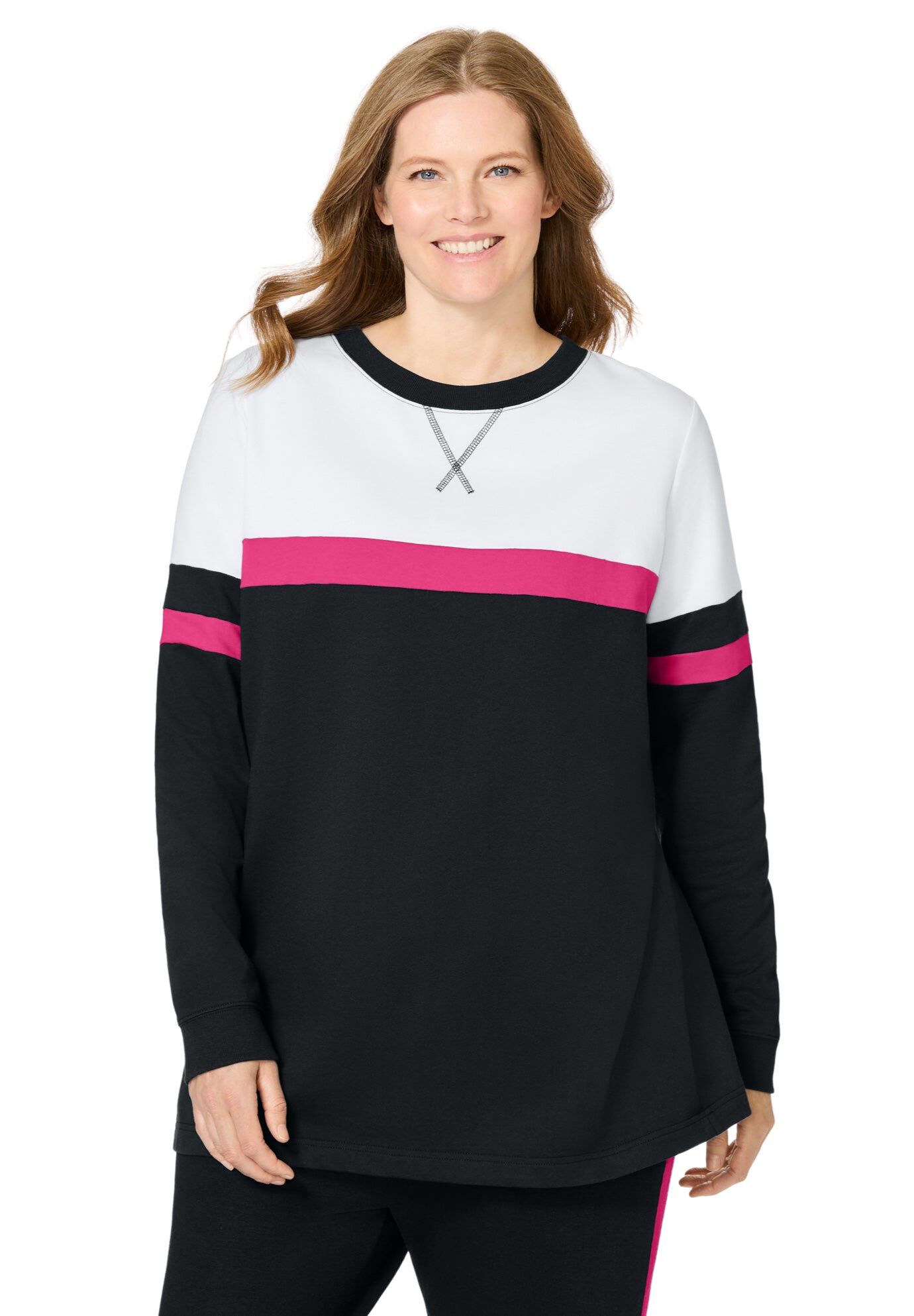 Color Block Long Sleeve Sweatshirt, BLACK RASPBERRY SORBET WHITE, hi-res image number 0