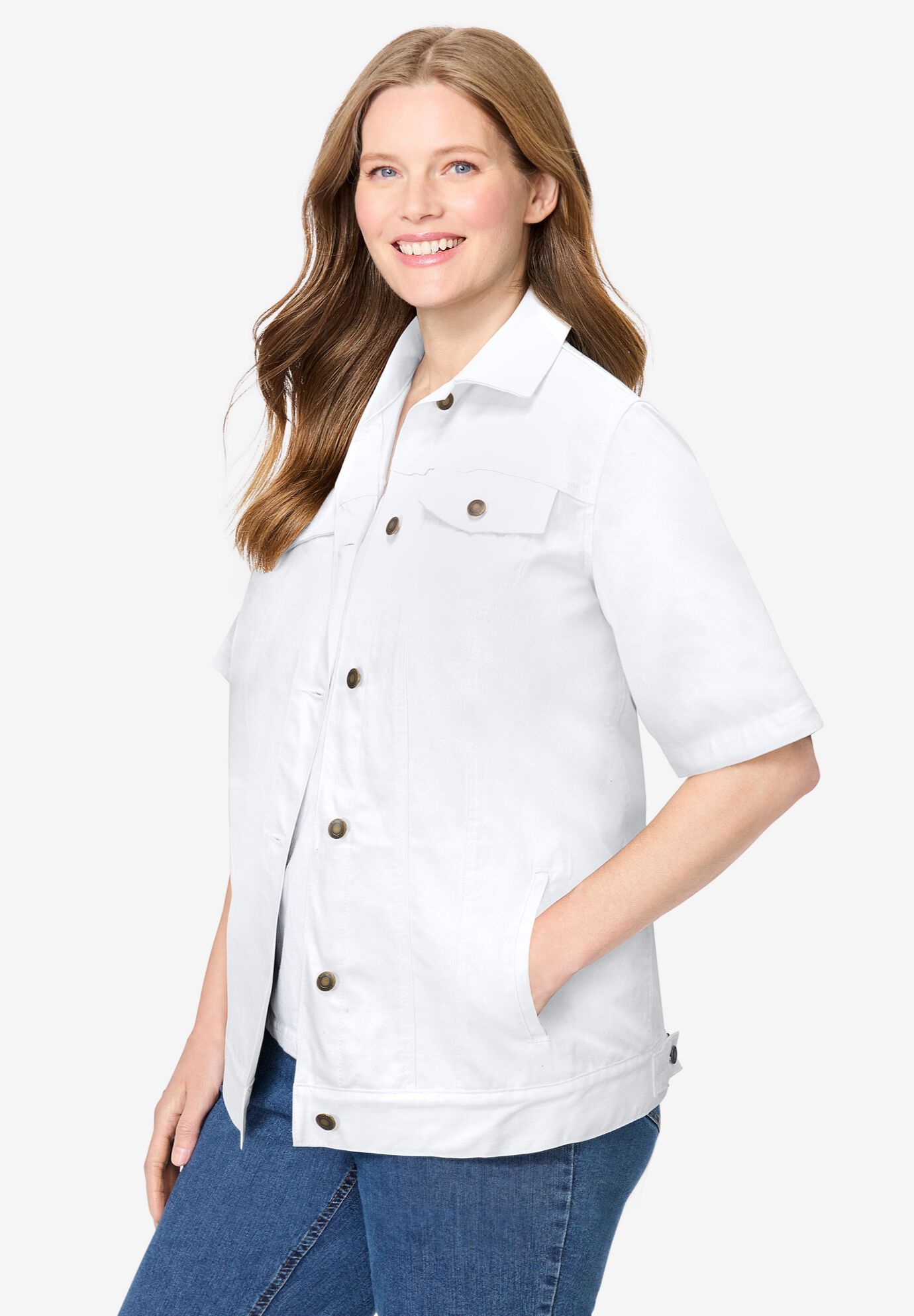 Short-Sleeve Denim Jacket, WHITE, alternate image number 2