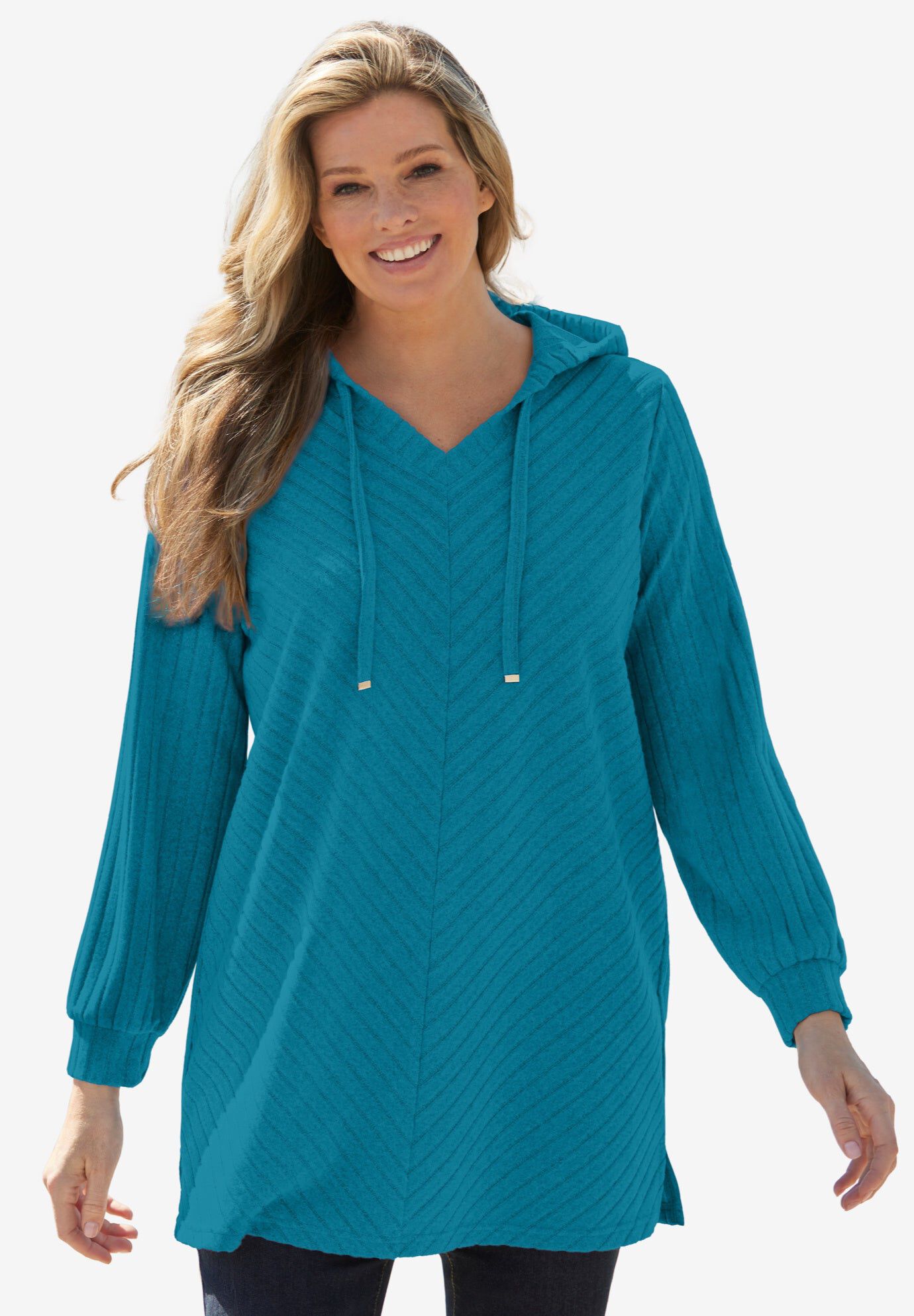 Rib-Knit Sherpa Hoodie Sweatshirt, DEEP TEAL, hi-res image number 0